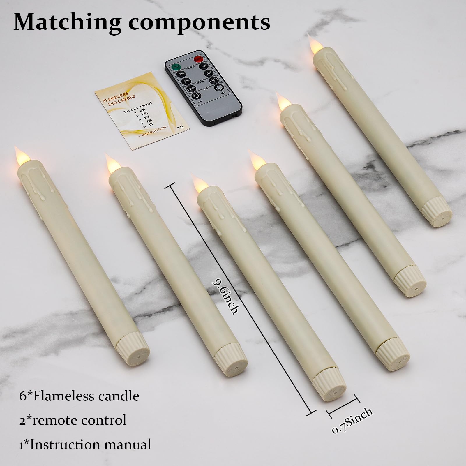 Enido Flameless Ivory Taper Candles Flickering