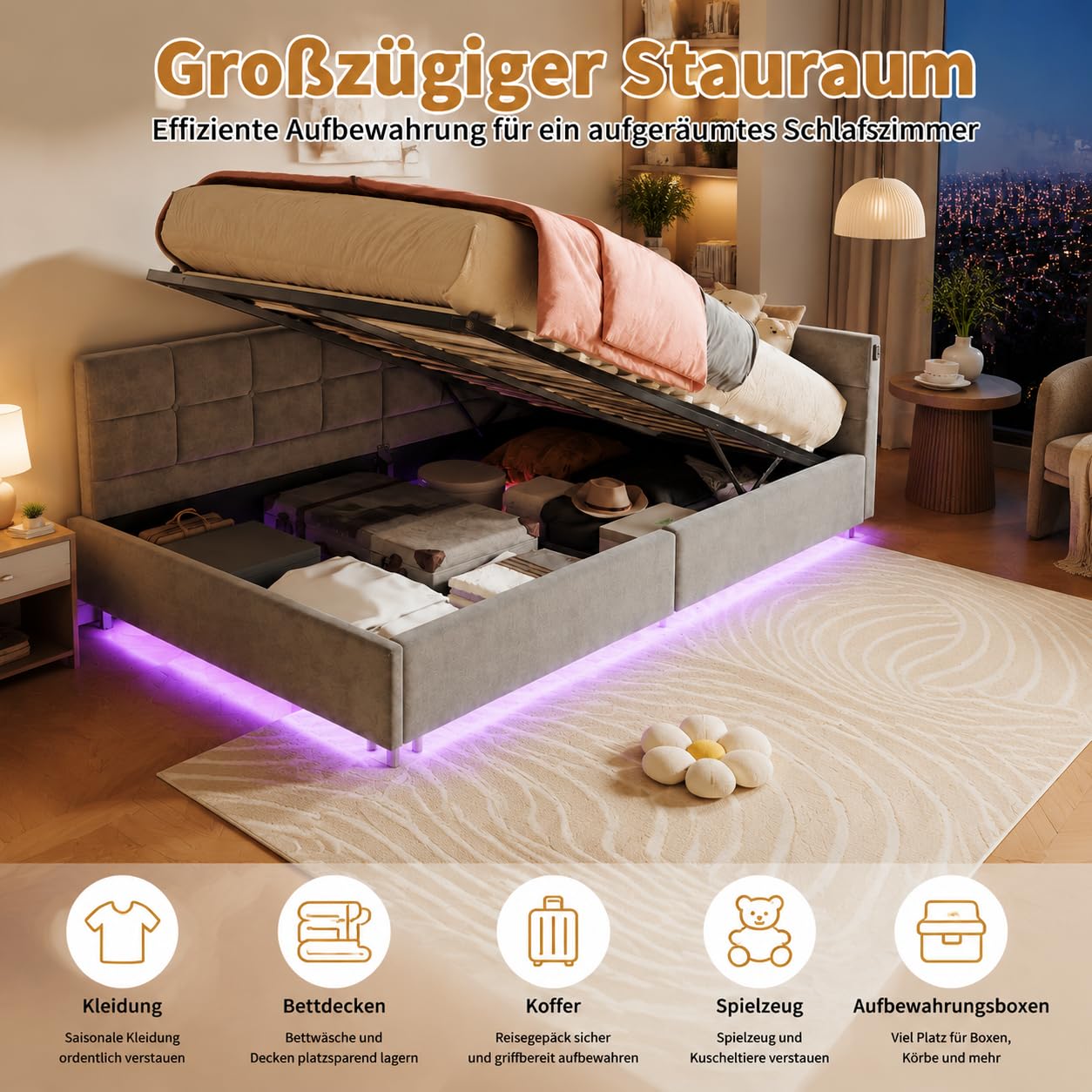 Hydrauliquet rozkładana sofa 90 x 200 cm, łóżko bagażowe 90 x 200 z LED i gniazdem USB, aksamitna tkanina, 1-osobowa sofa łóżko pojedyncze ze stelażem na listwę, rama łóżka dla dzieci i młodzieży