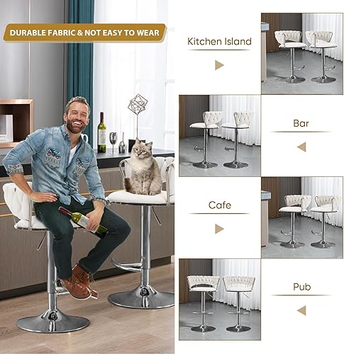 Miniatura 7 de Juego de 2 taburetes de bar giratorios de terciopelo, taburete de bar ajustable con respaldo tejido, sillas de comedor tapizadas, taburetes de bar
