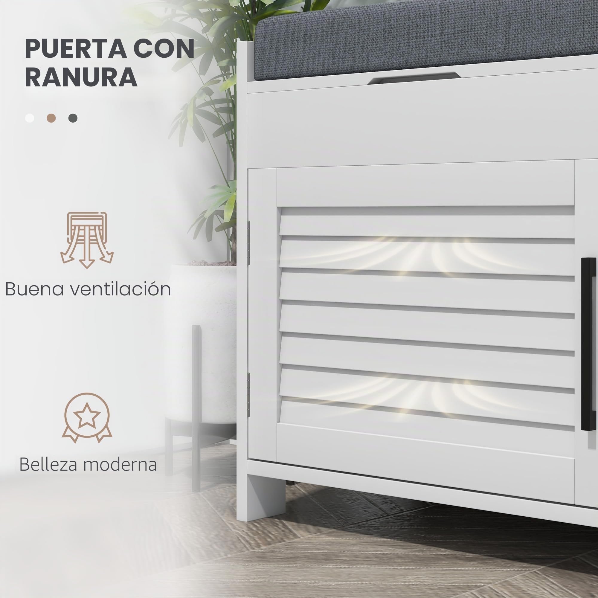 HOMCOM Banco zapatero cojín estantes ajust. puertas persiana 35.4" Blanco | Banco de entrada con almacenamiento, compartimentos ocultos, zapatero, soporta hasta 160 kg