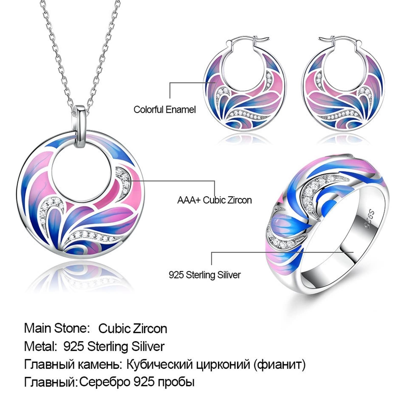 Set di gioielli in argento 925 per le donne, set di gioielli in zircone rosa per le donne smalto fiore orecchino collana e anello gioielli in metallo set