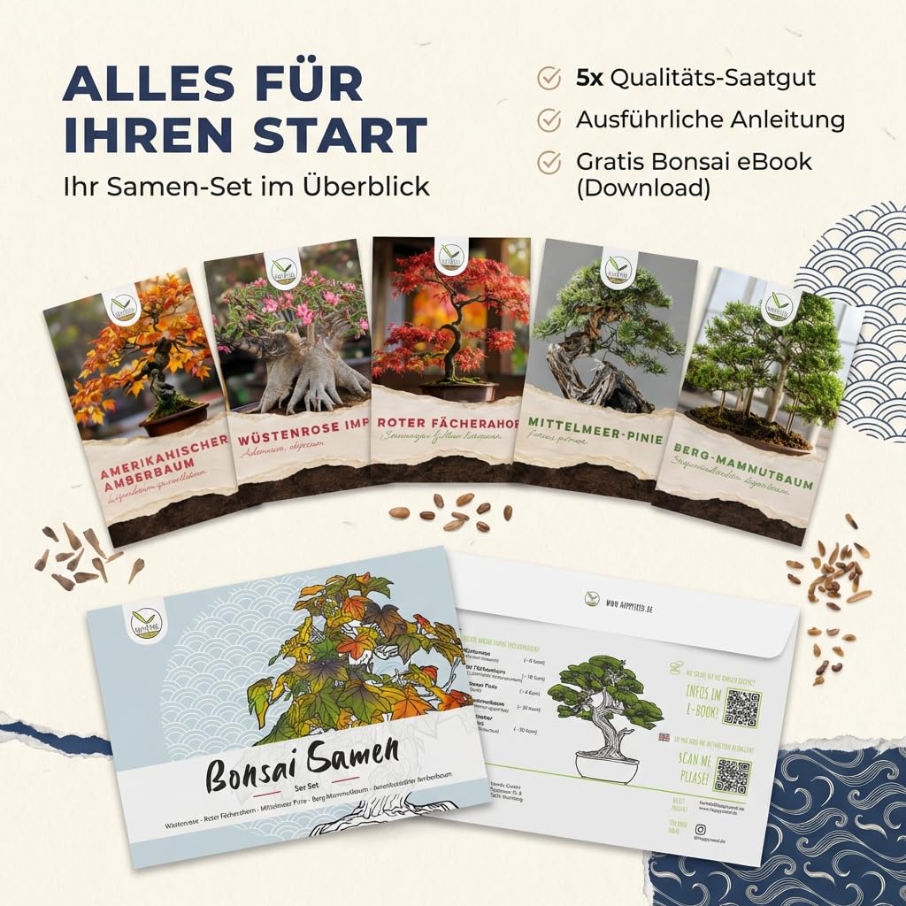 Semillas de bonsái excepcionales con una alta tasa de germinación - Set de semillas de plantas para tu propio árbol de bonsái (set de 5 piezas, guía electrónica GRATUITA)