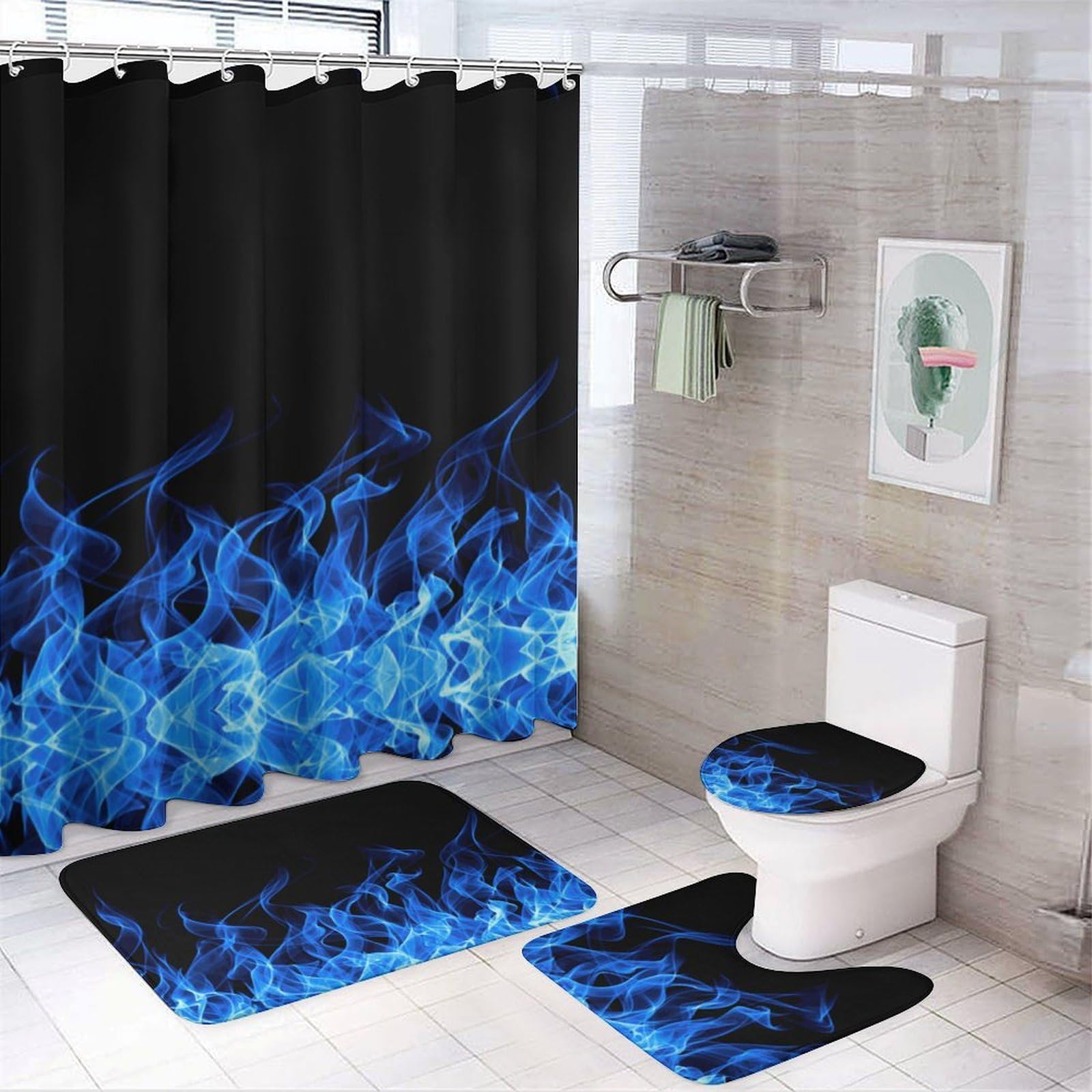 JZemdybill Bathroom Mat Set 4 Piece, Blue Burning Flame Shower Curtain with Non-Slip Bath Mats for Bathroom