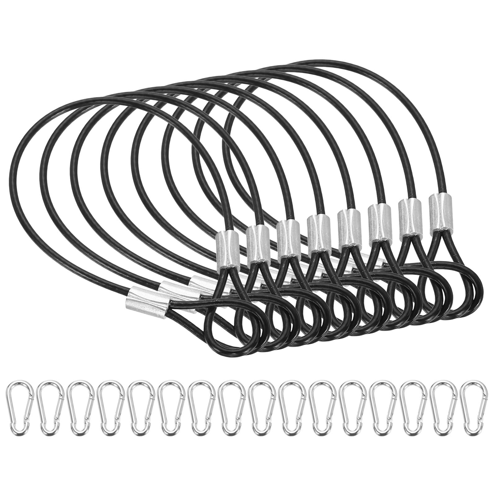 PATIKIL 9 Inch Safety Cable Lock, 8 Pcs 304 Stainless Steel Security Wire Ropes Double Loop Anti-Theft Safety with 16 Spring Buckles for Bicycles Luggage Stage Lighting, Black