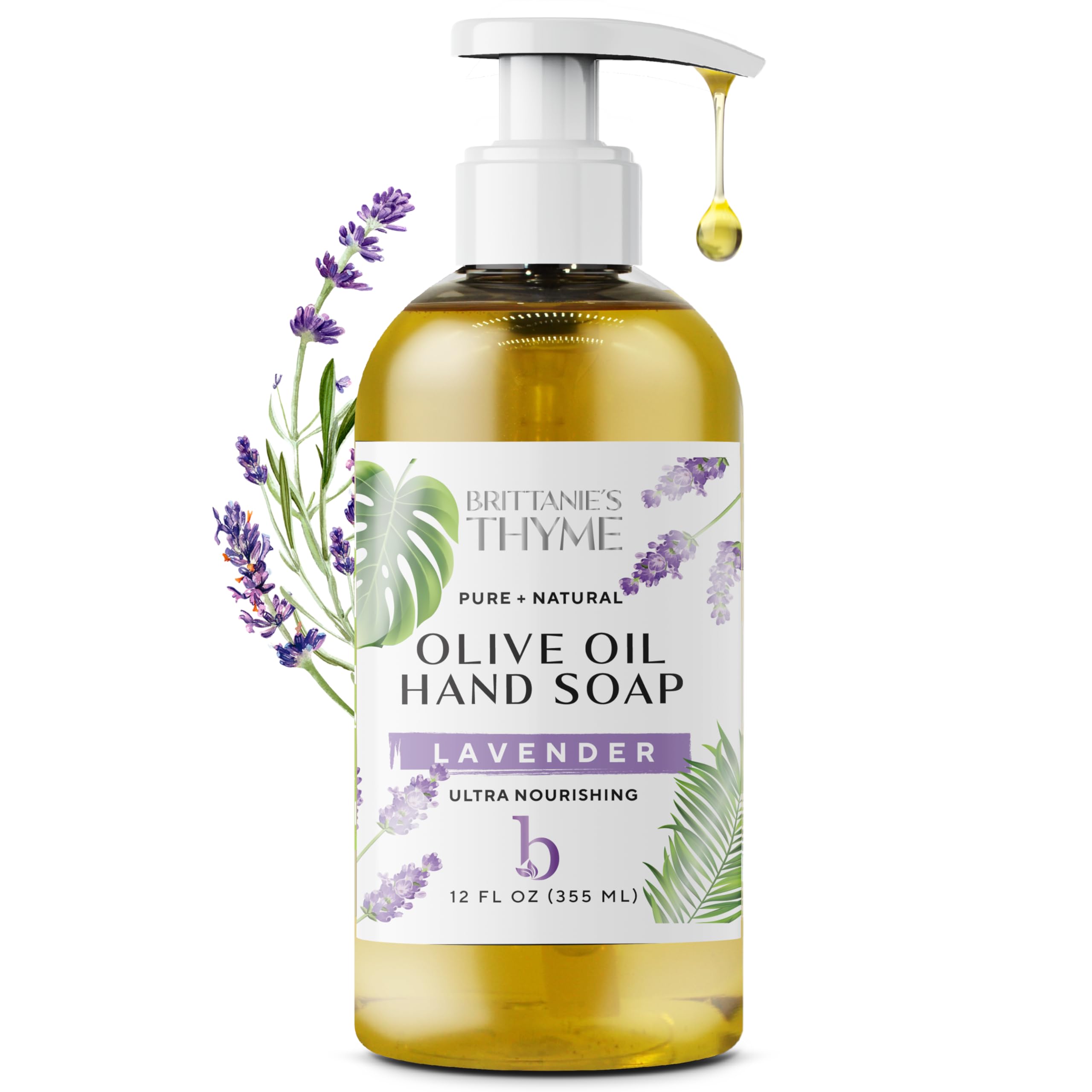 Brittanie's Thyme Organic Natural Hand Soap, 12 oz (Lavender) Castile Soap Made Olive Oil And Natural Luxurious Essential Oils. Vegan & Gluten Free