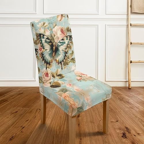 Miniatura 4 de HUGS IDEA Juego de 6 fundas de asiento con diseño de mariposa para sillas de comedor, diseño de rosa vintage, extraíbles y lavables, fundas para