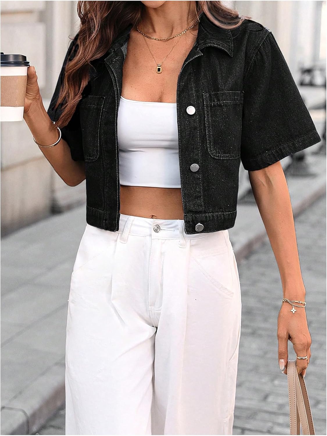 SHENHE Women's Short Sleeve Denim Jacket Button Up Cropped Jean Jacket with Pockets - Image 5