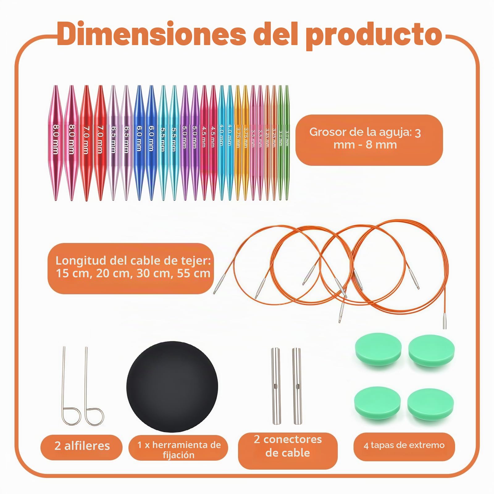 Lwuey Juego de Agujas Circulares Intercambiables Aluminio para Tejer 3-8mm | Agujas de 5 cm de Largo Ligeras 4 Cables Flexibles,Funda de Almacenamiento para Manualidades,Artesanías y Proyectos DIY