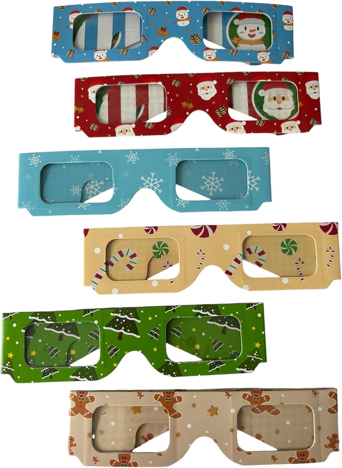 Christmas 3D Glasses- 6 Pack with different designs. Snowflake, Candycane, Christmas tree, gingerbread man, Snow man and Santa designs. Kids, holiday lights, unique Christmas gifts. stocking stuffers