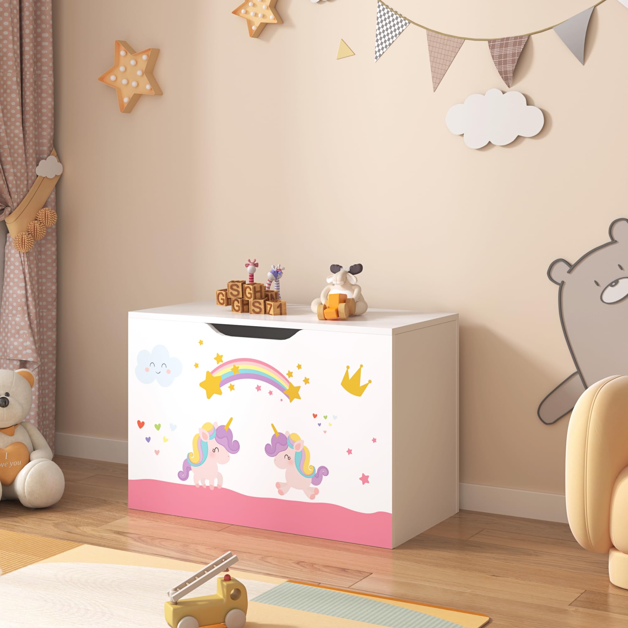 [en.casa] Juguetero para niños Baúl con Motivo Unicornio Banco Caja de Almacenamiento con Tapa máx. 70 kg Aglomerado 40 x 60 x 30 cm Multicolor