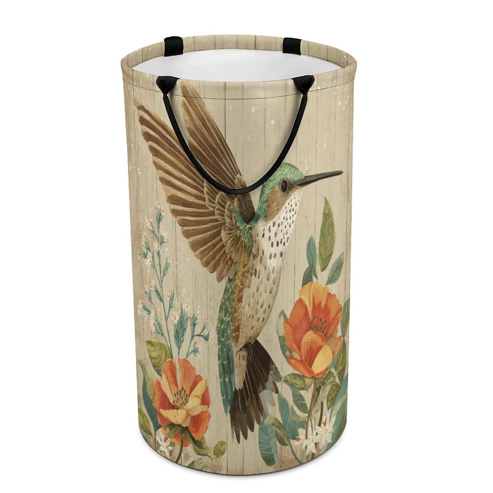 LUYYSKY Classic Beautiful Birds Hummingbird Collapsible Dirty Clothes Basket, Retro Watercolor Wooden Board Animals Hummingbirds Flowers Portable Clothes Storage Basket