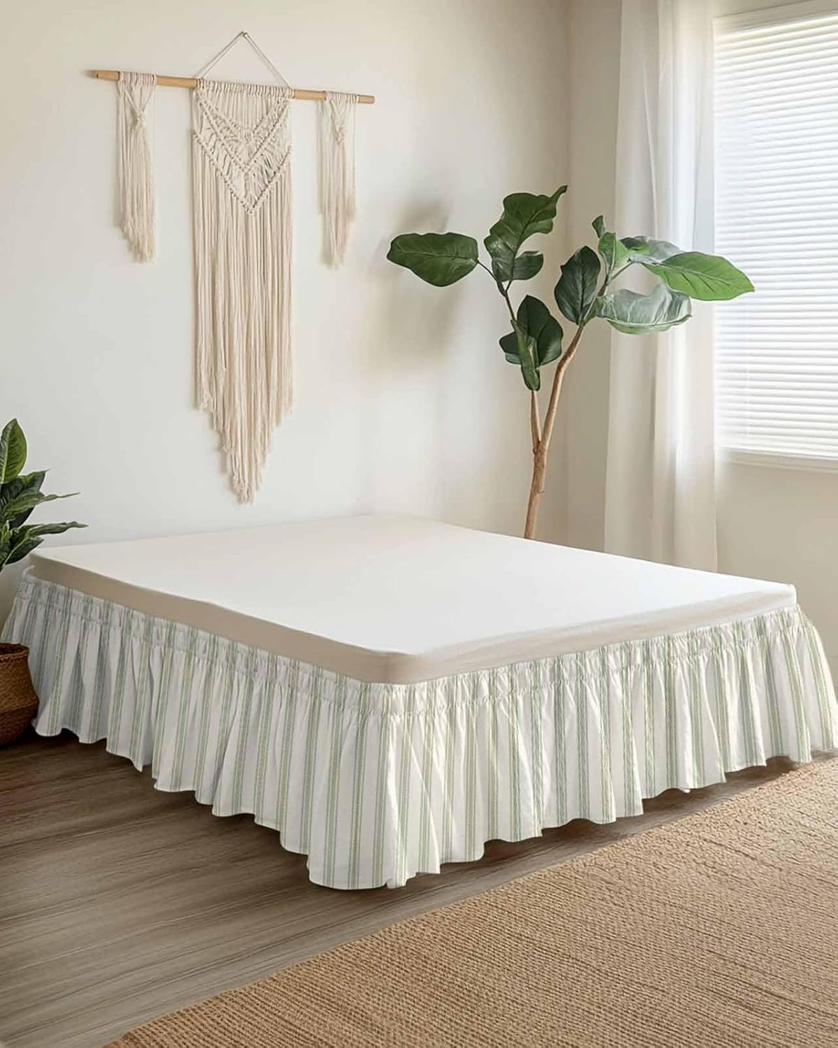 Wrap Around Bed Skirts for Queen Beds, Sage Green Stripe Geometric Beige Retro Farmhouse Decor Ruffle Bed Skirt with Adjustable Elastic Belts Easy Fit 16 Inch Drop