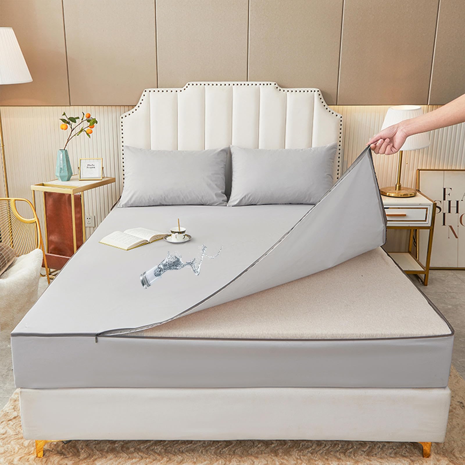 Sábana Ajustable con Cremallera, Protector de colchón, Impermeable, Transpirable, Antipolvo, Lavable, Funda de protección Total, Gris B-120 x 190 + 15 cm