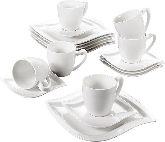 MALACASA, Series Elvira, 18-Piece Ivory White Porcelain China Ceramic Cream White Dinner Combi-Set with 6-Piece Cups 6-Piece Saucers and 6-Piece Dessert Plates