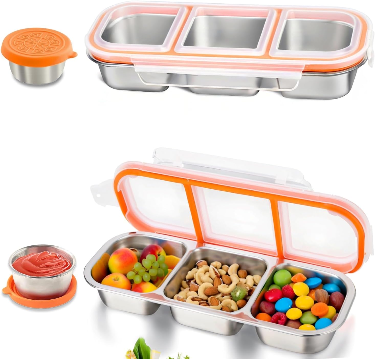 ARTLEO Reusable 20 Oz Stainless Steel Snack Containers with Lids, Leekproof 3 Compartment Food Storage Containers Set and 1.6 Oz Salad Dressing Container, for Kids & Adults, Picnics, Work