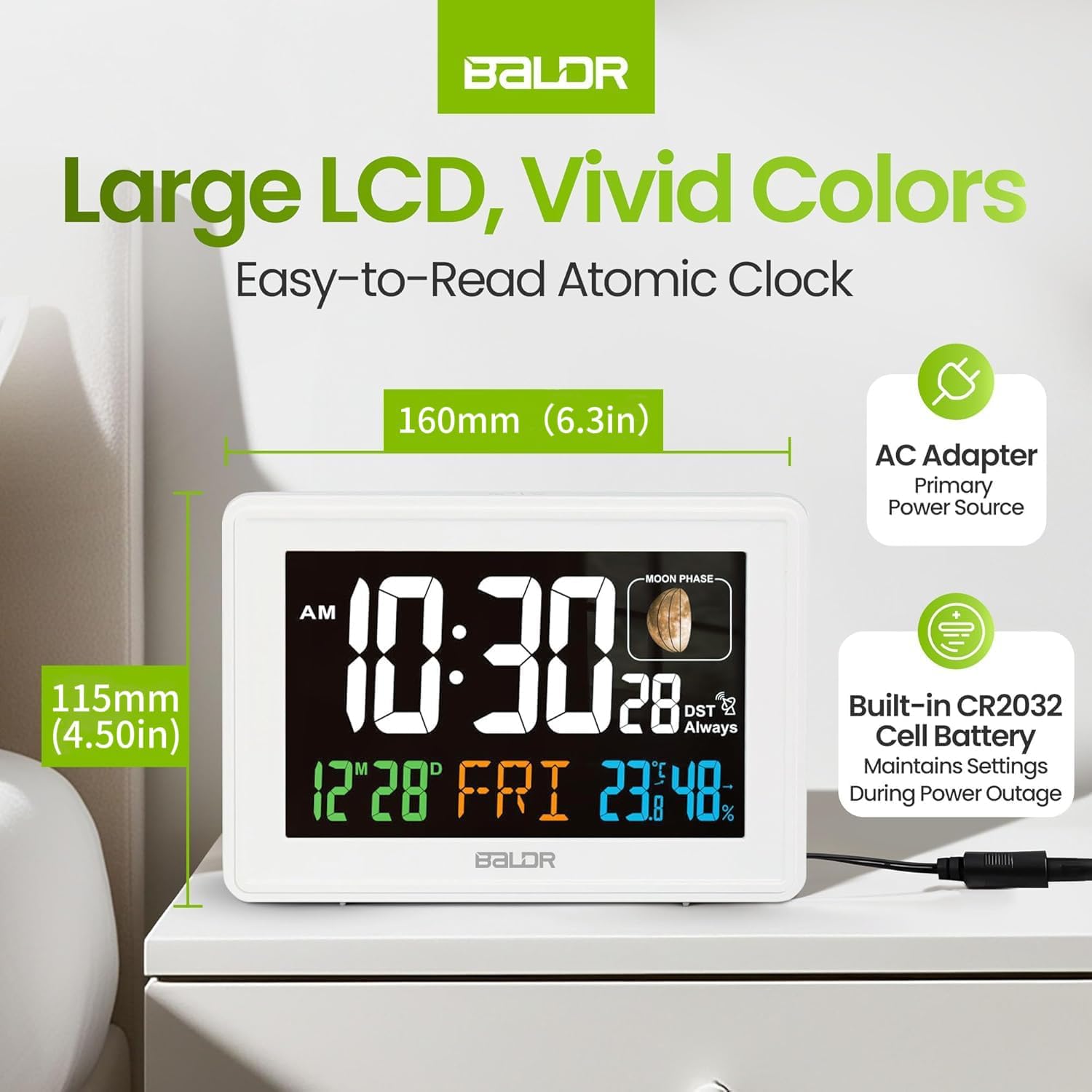 Baldr Digital Alarm Atomic Clock, 7'' Display with Adjustable Brightness image 4