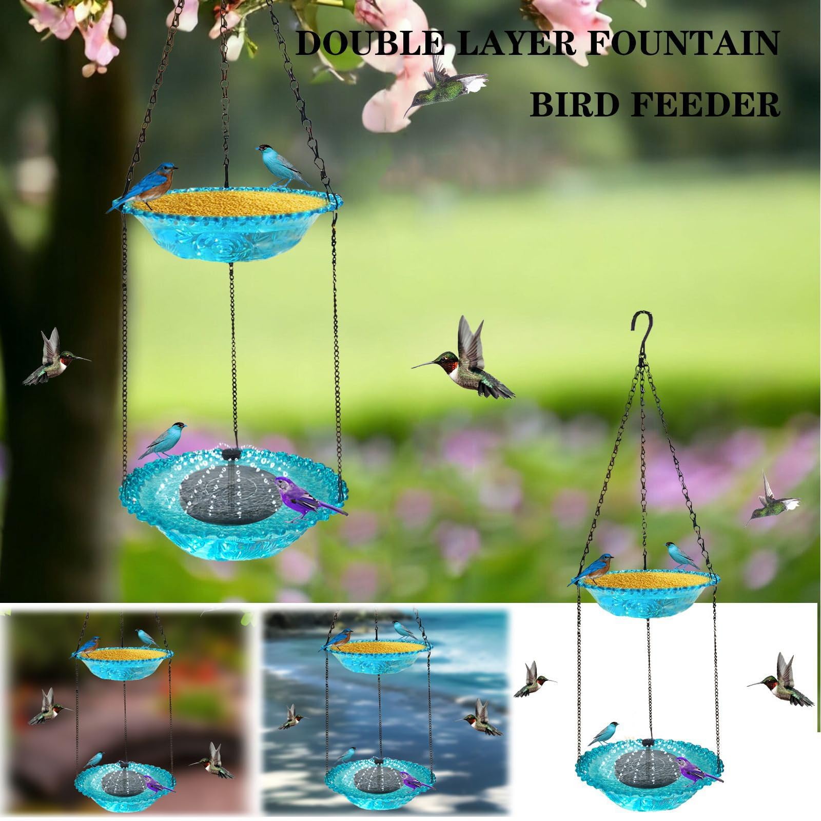 Solarbetriebener Zweilagiger Kolibri-Futterspender, Vogeltränke mit Kunststoffschale, 5 Sprühmodi, Vogelbad für Garten, Terrasse und Balkon(Blue)