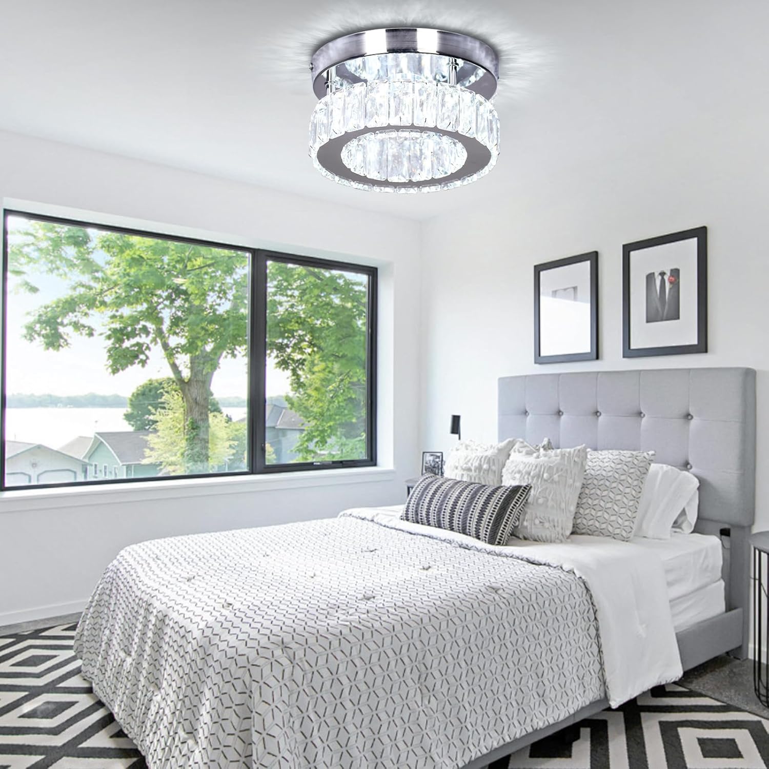 Modern Mini Crystal Chandelier LED Small Flush Mount Round Ceiling Light K9 Crystal Ceiling Lamp for Hallway Foyer Kitchen Bedroom (Cool White)