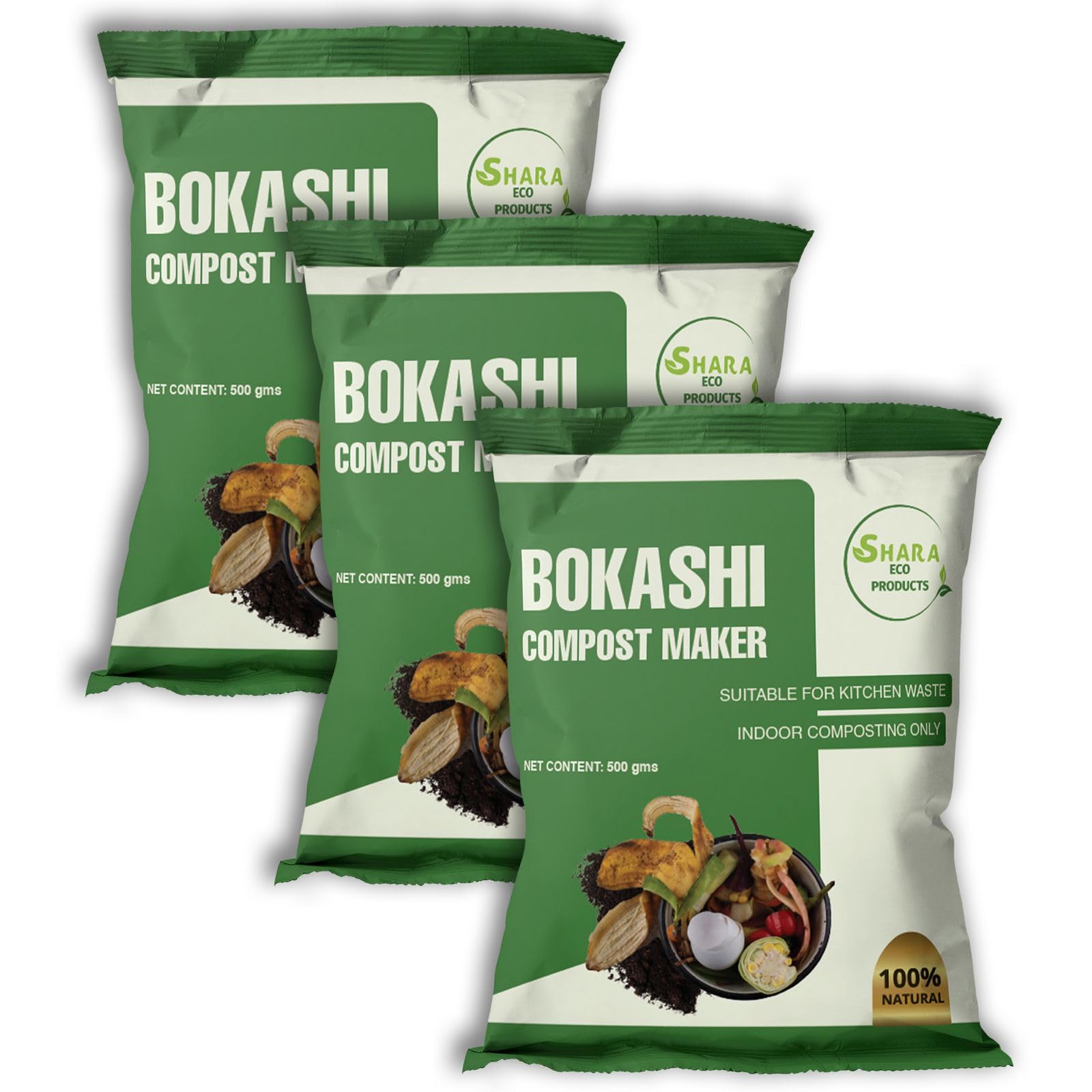 Shara Eco Prodcuts Bokashi Compost Maker Powder 500 Gram | Microbial inoculant to Initiate anaerobic Decomposition Indoor | Prevents Foul Smell in The Compost Pack of 3