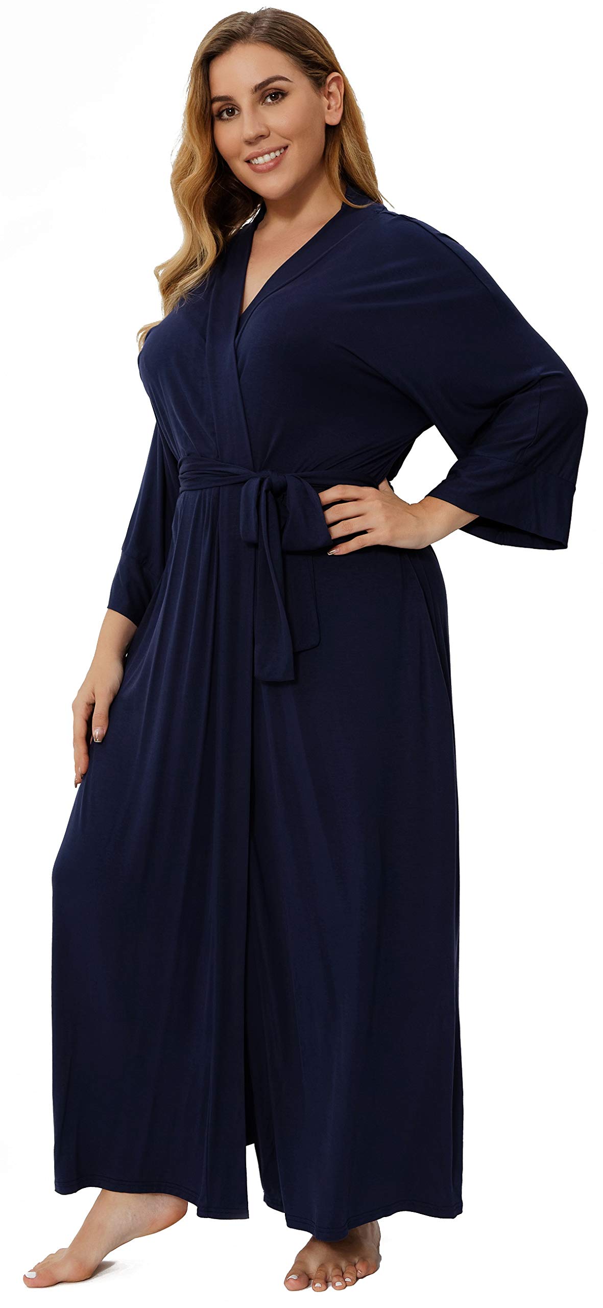 Women's Plus Size Cotton Kimono Robes Soft Long Knit Bathrobes Lightweight Sleepwear V-Neck Ladies Loungewear