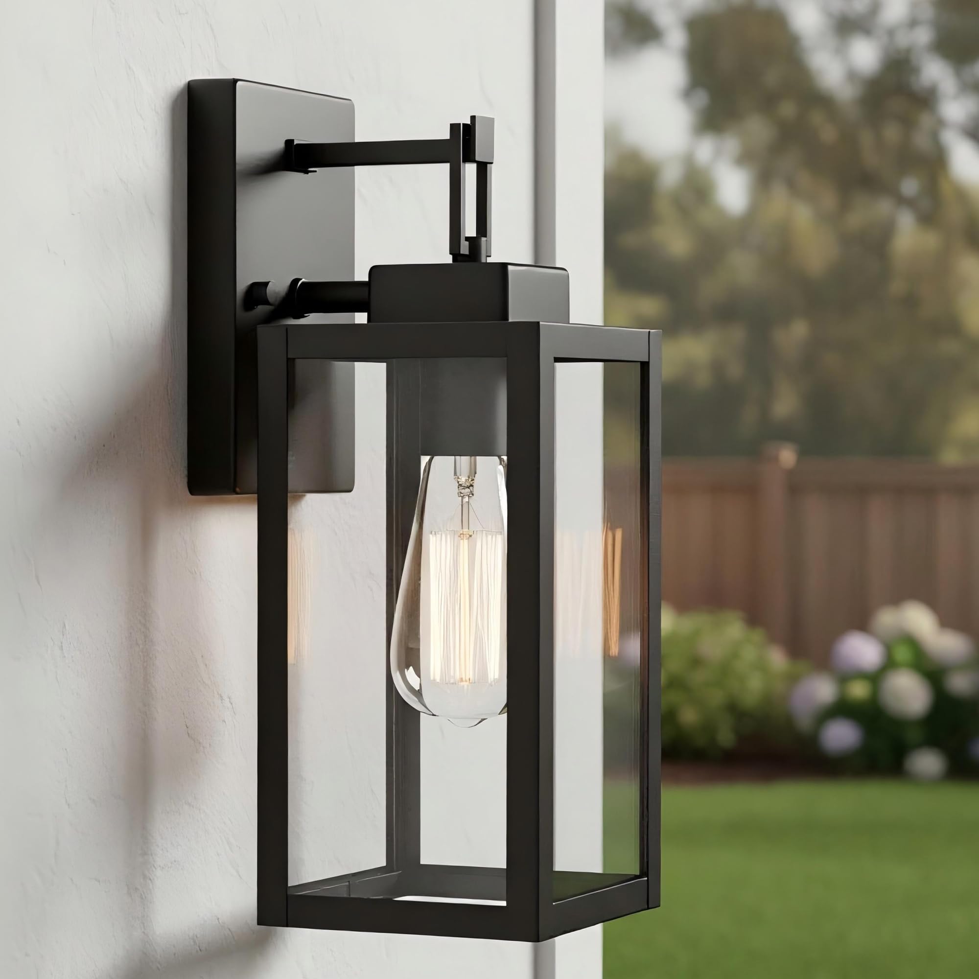 12” Black Wall Sconce Lights-12 Inch Outdoor Wall Light,Exterior Sconce Steel and Glass Outdoor Porch Light, Black Lantern for Front Porch Garage Balcony