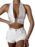 Algopix Similar Product 4 - SheIn Womens Deep V Neck Knot Tie Crop