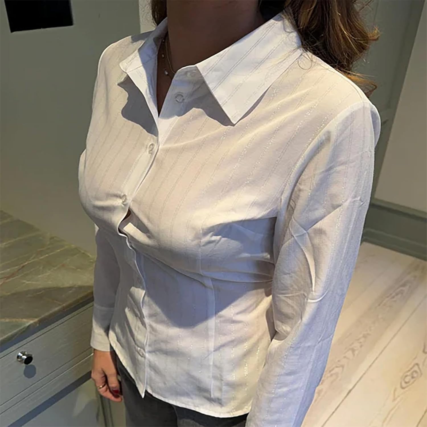 Women Y2k Button Down Slim Fit Shirt Lapel V Neck Striped/Solid Long Sleeve Blouse Back Tie Work Office Top - Image 3
