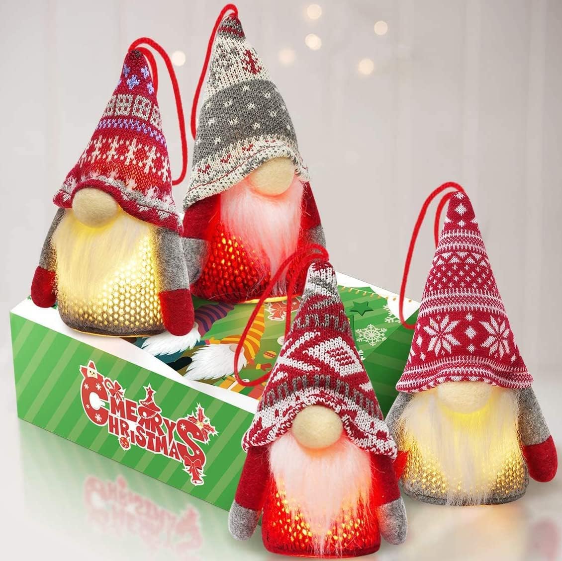 Bioprocess FUSU 4Pack Christmas Gnome Ornaments, Christmas Tree Decorations Handmade Santa Gnomes Ornaments Lights Plush Elf Table Home Decor, Christmas Tree Hanging Decoration