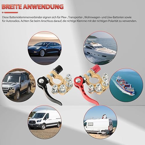 Miniatura 9 de Conectores de abrazadera de terminal de batería, 1 par de 4 vías, clip de conector de terminal de batería para coche, de latón puro, cabezas de pila