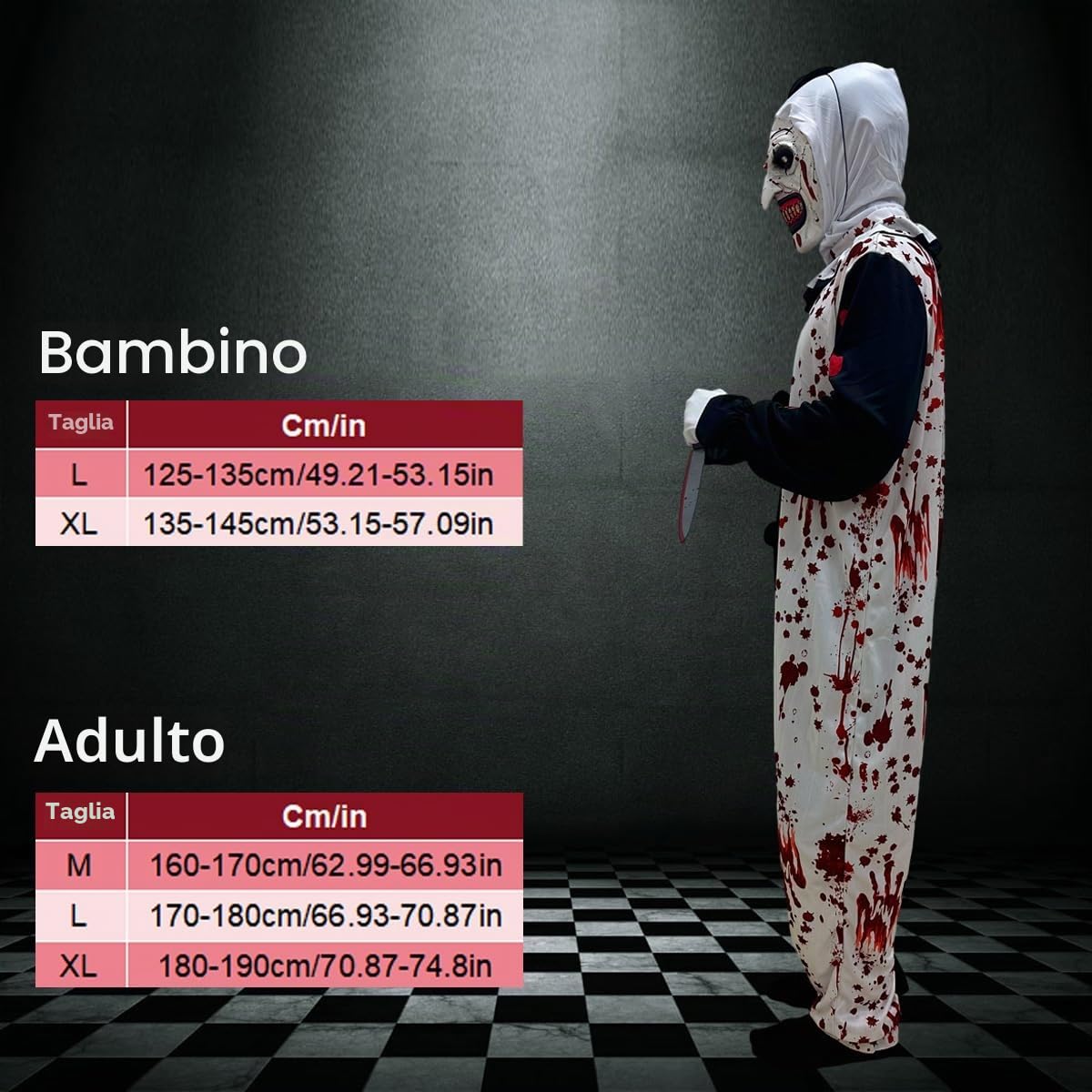 Costume da Clown Horror, Costume Pagliaccio Halloween con Maschera, Guanti e Accessori, Set Completo per Terrifier Art Clown Costume
