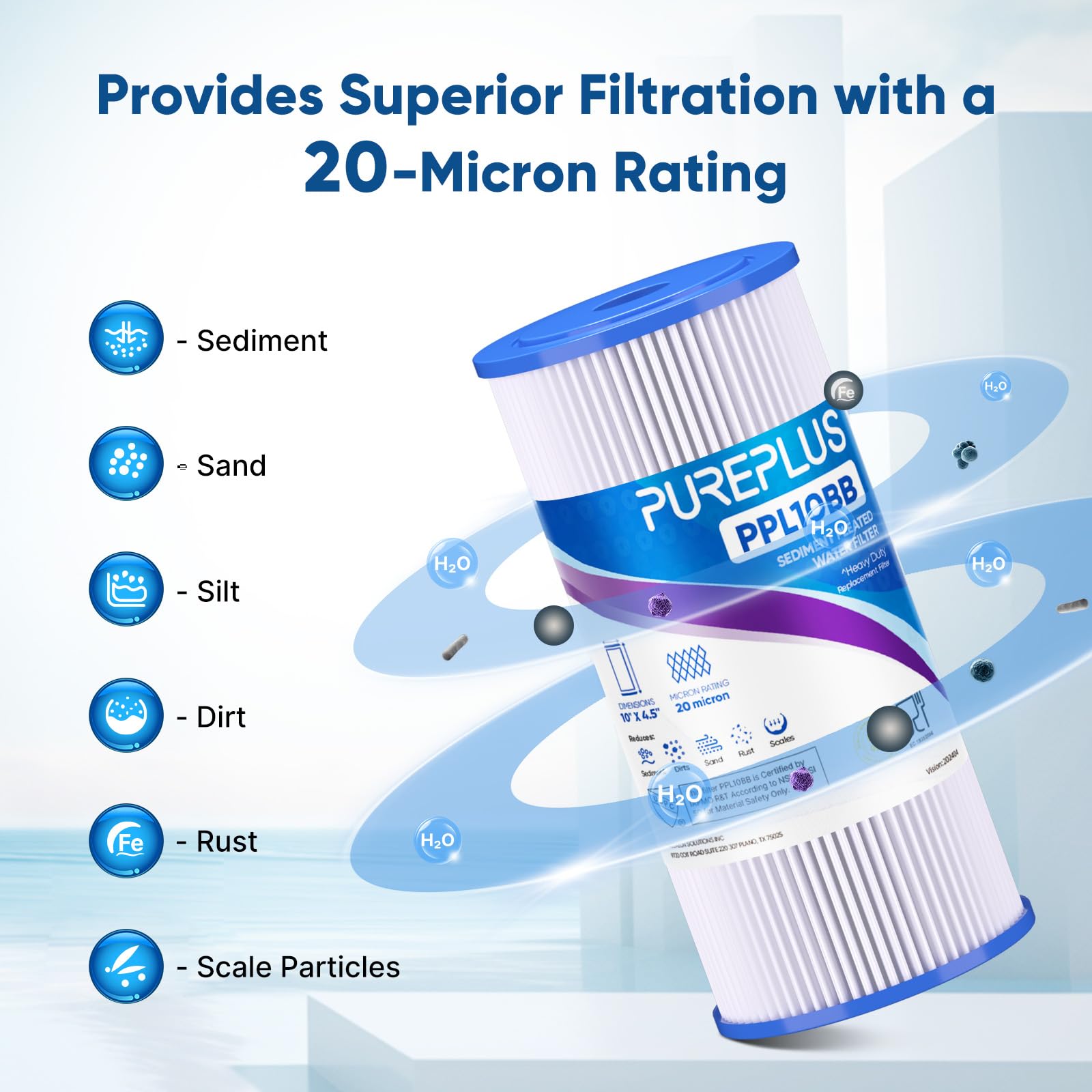 PUREPLUS Filtro per sedimenti pieghettato per tutta la casa, 20 micron