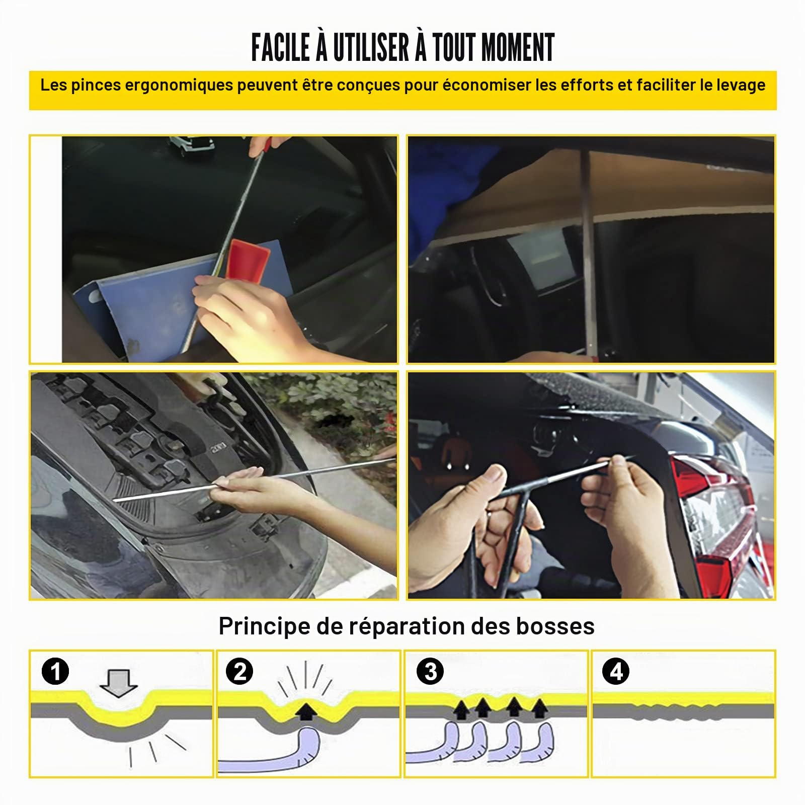 VEVOR Kit de débosselage de tiges - 13 Outils de réparation sans Peinture - 5 tiges de Bosses en Acier Inoxydable - 8 têtes de taraudage - Outil Professionnel de débosselage pour Bosses mineures,