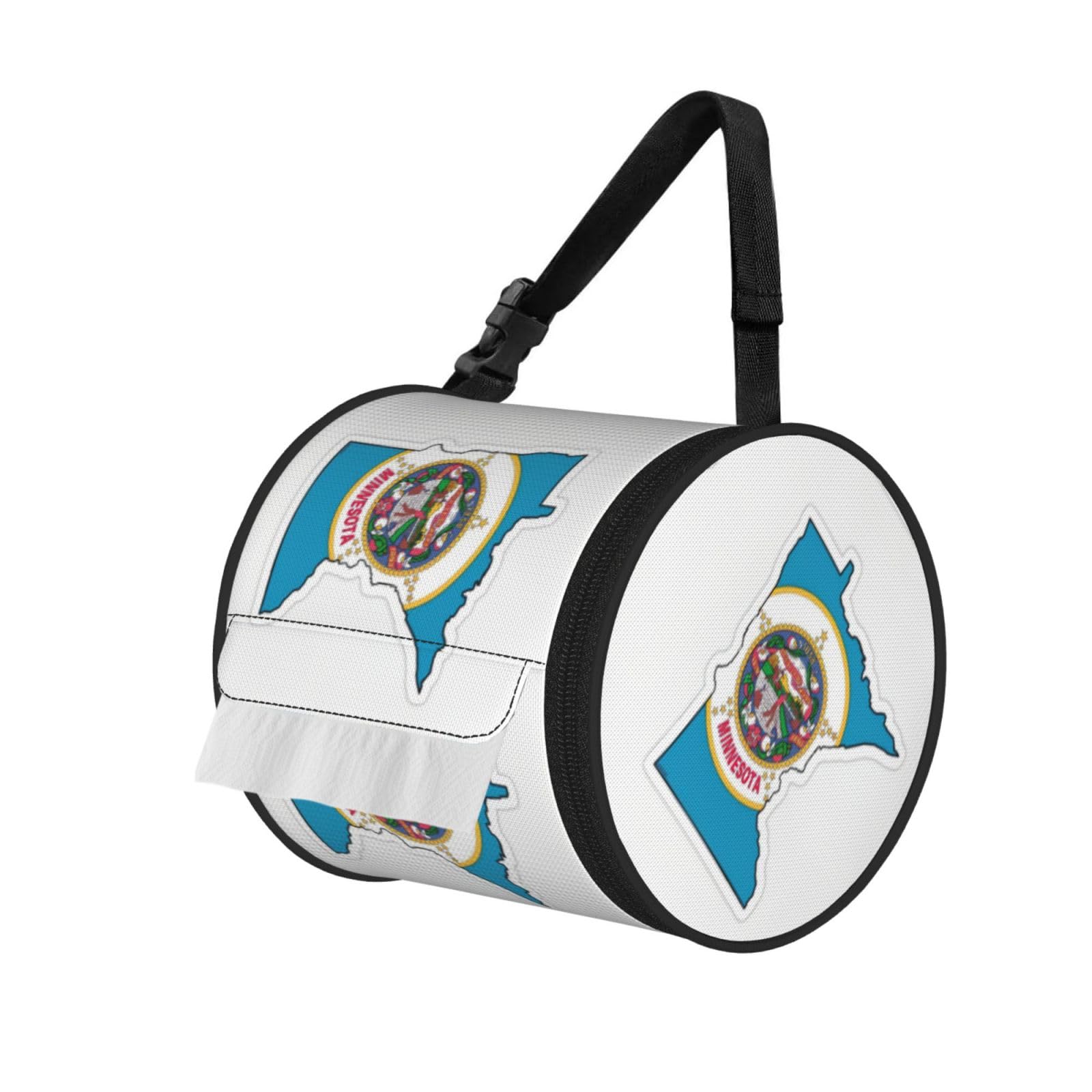 Minnesota State Flag Map Print Cylinder Bathroom Tissue Holder With Buckle Strap, Portable Paper Case For Road Trips
