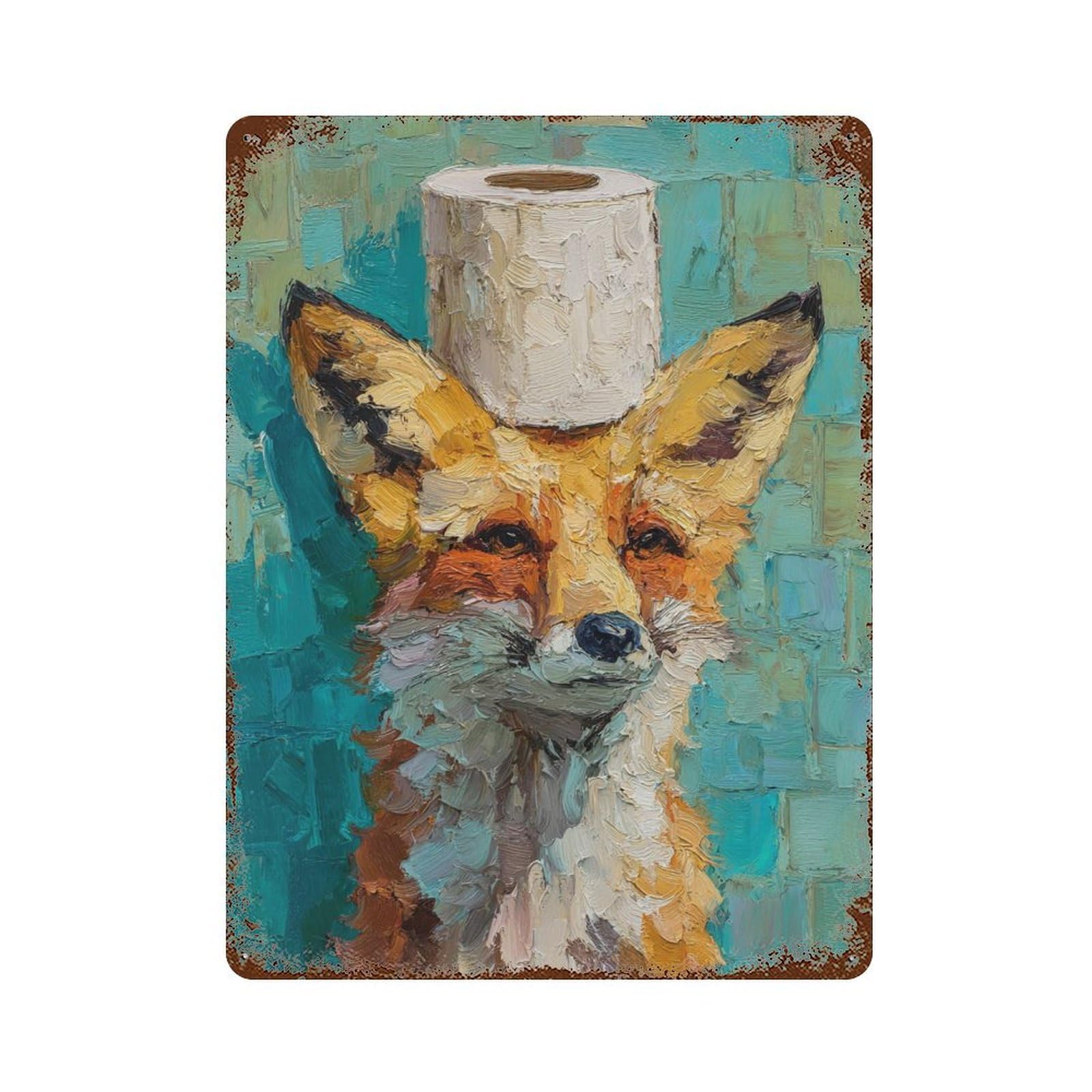 Fox with Toilet Paper Roll Hat Decorative Tin Sign 15.7"x11.8", Ideal for Basement, Hobby Room And Garage Decor