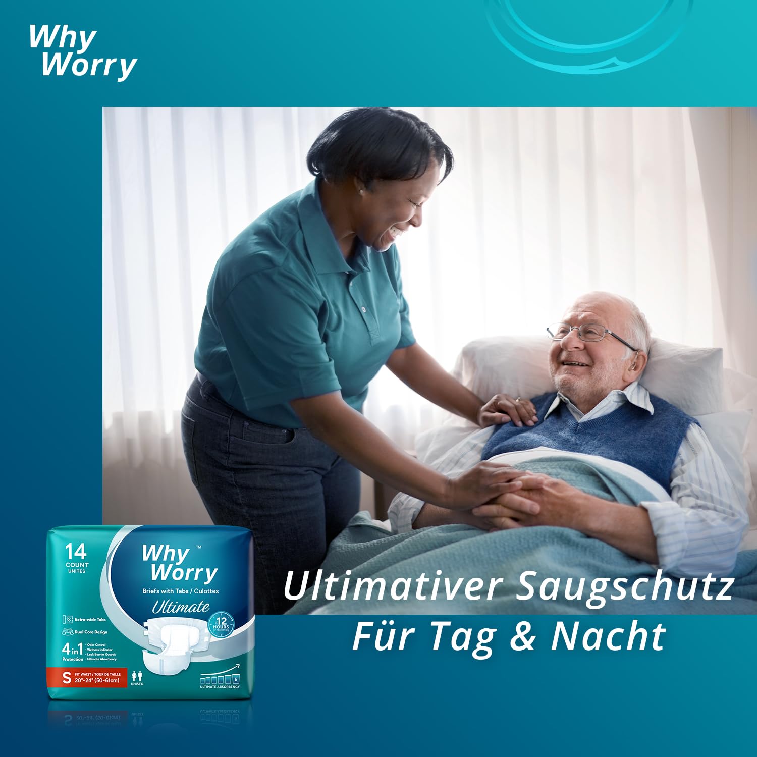 WhyWorry Ultimate Windeln für Erwachsene, Inkontinenz Slip für Frauen und Männer, Erwachsenen Windel mit ultimativ Saugfähigkeit, Auslaufschutz über Nacht, Unisex, Größe L, 14 Stück