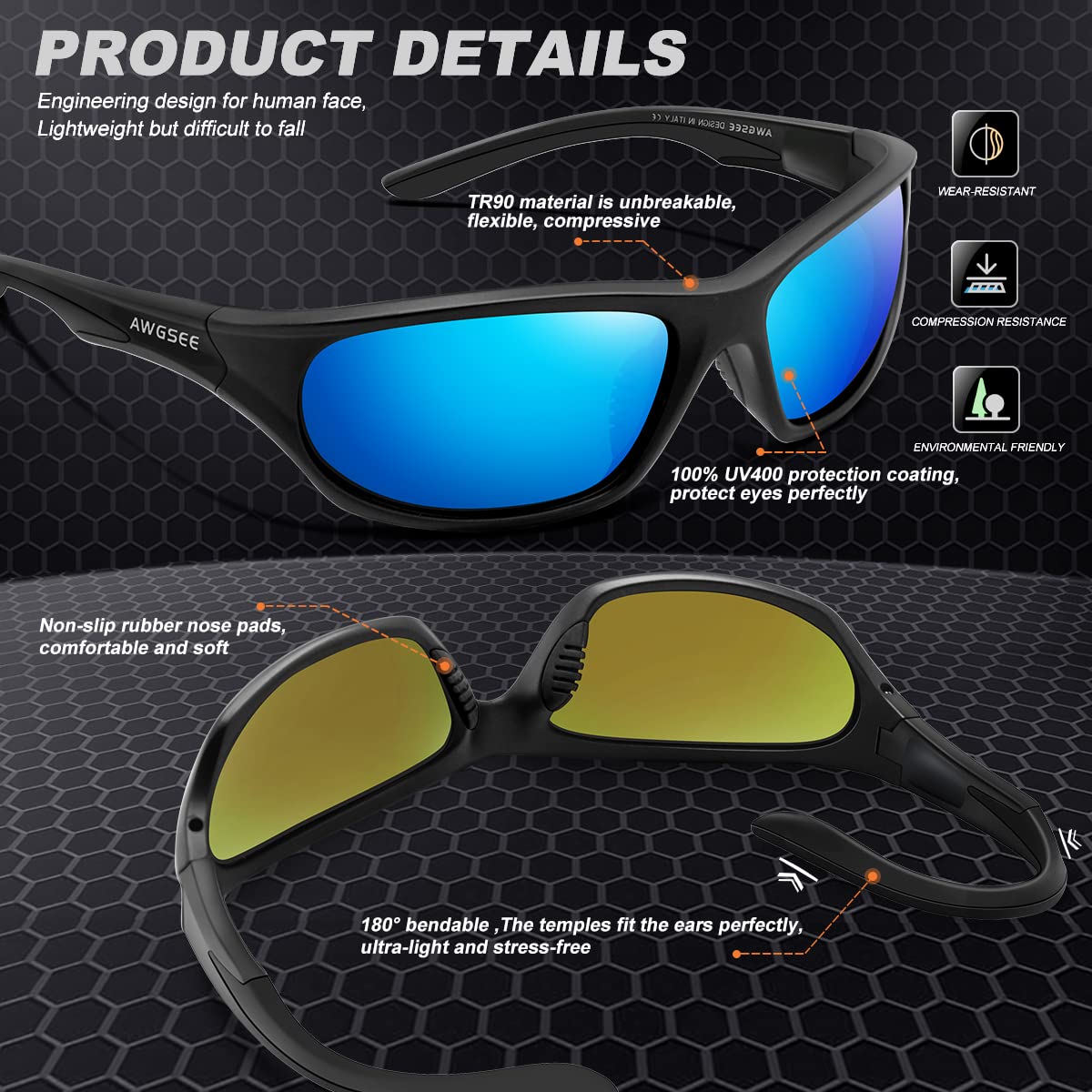 Polarisierte Sport-Sonnenbrille für Herren, Radfahren, Fahren, Angeln, TR90, unzerbrechlicher Rahmen, 100 % UV-Schutz, 2 Stück, Schwarz + Hellblau, Größe M, 2er-Pack, Schwarz + Hellblau, M