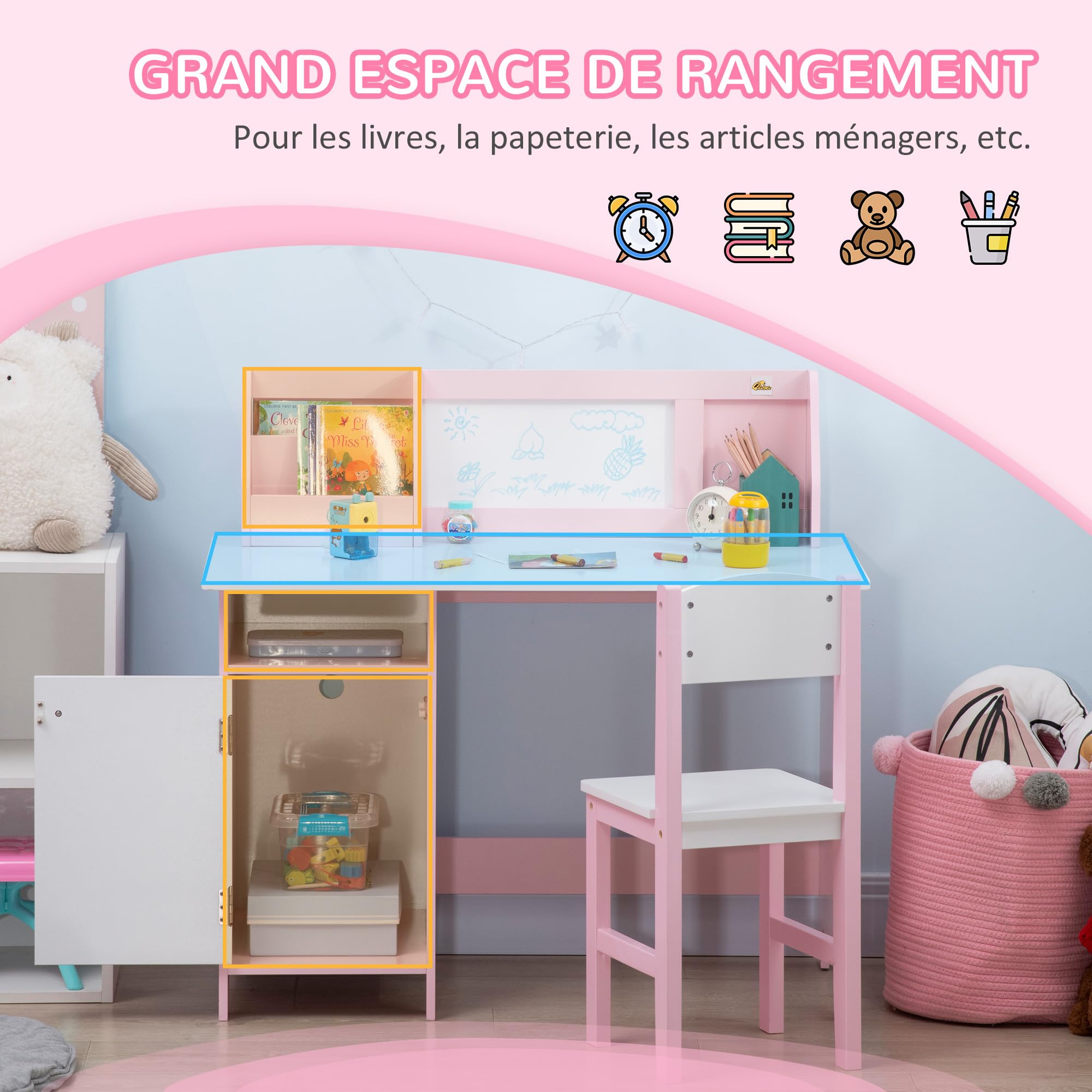 HOMCOM Ensemble Table et Chaise pour Enfant avec Tableau Blanc - Bureau pour Enfant +5 Ans 90L x 45l x 85H cm Rose