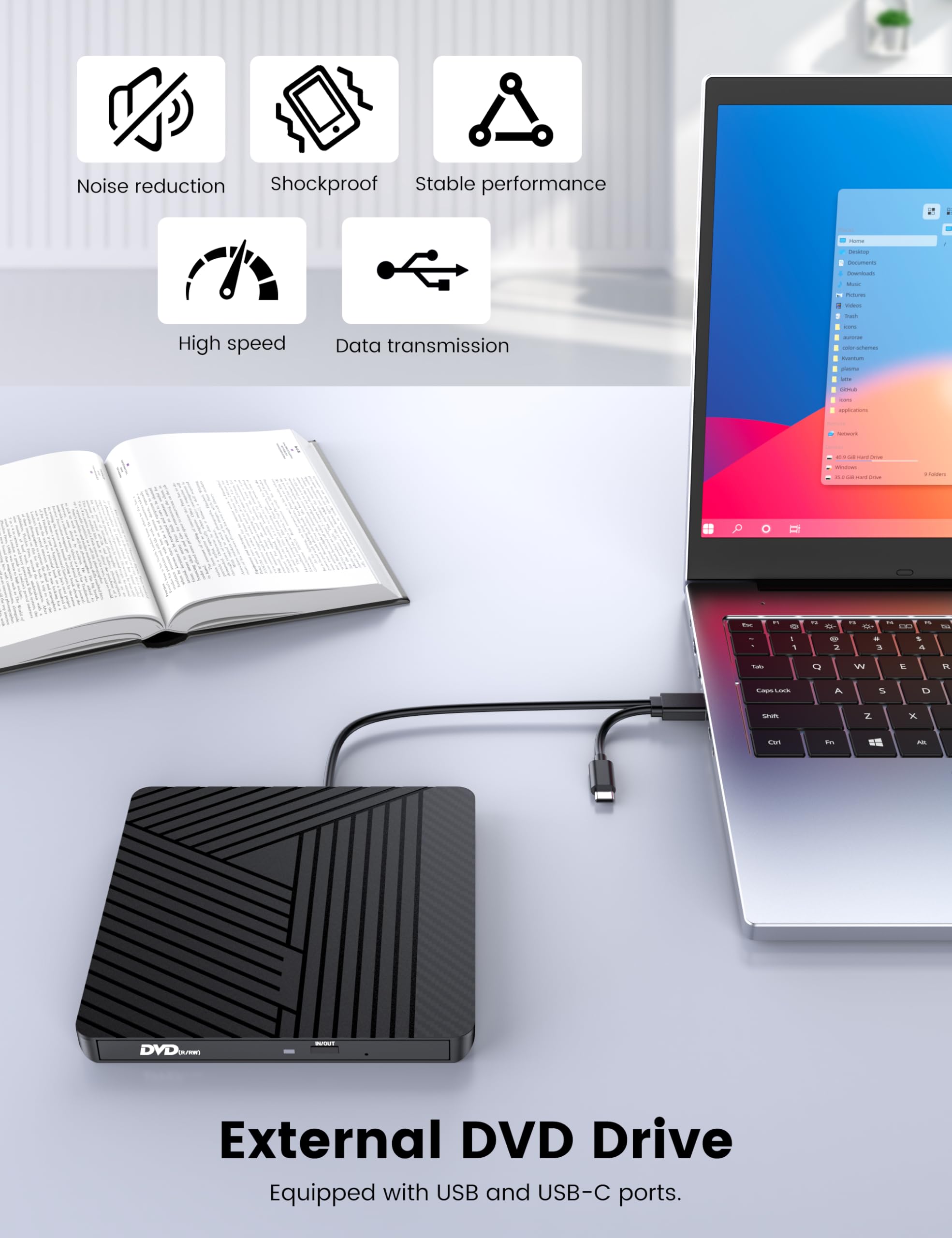 MOSWAG CD DVD Drive Esterno, USB 3.0 e USB C CD/DVD Burner +/-RW Unità Ottica, DVD Sottile Portatile CD ROM Riscrittore Scrittore Duplicatore per Desktop, Windows 11/10 PC MacBook Pro Linux PC