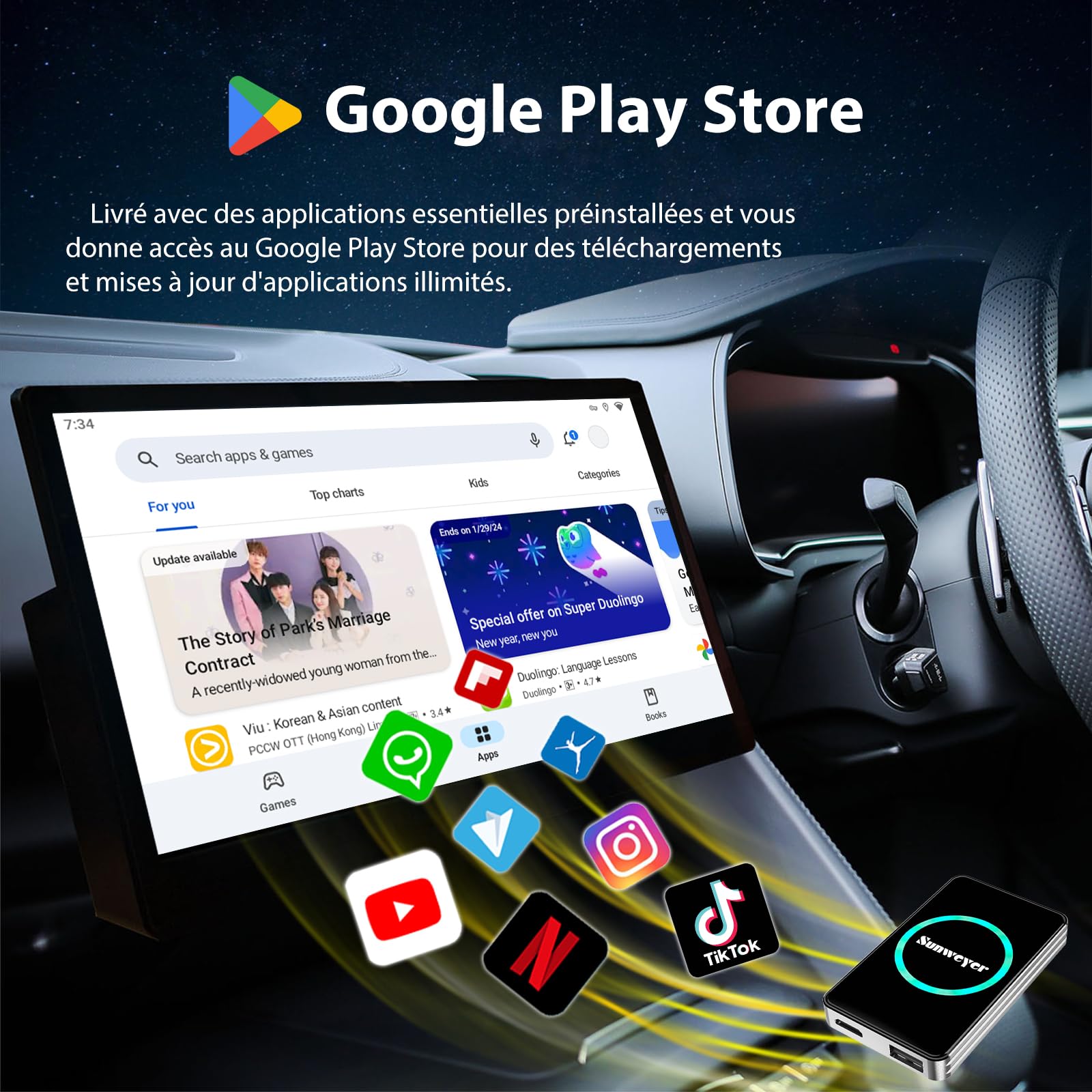 Sunweyer Adaptateur sans Fil CarPlay 2025 Android Auto Streaming Box SW12 avec Netflix, Youtube, Hulu, Installation de l'application – AI Box, Dual WiFi, HDMI, lumière d'ambiance LED (SW12 Pro)