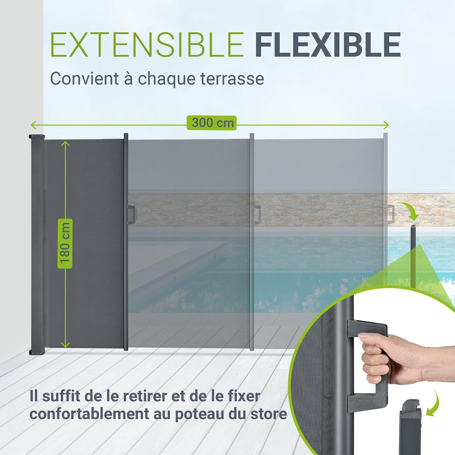 Juskys Store latéral 180 x 300 cm Extensible et Opaque, Brise-Vue pour Balcon, terrasse et Jardin, Auvent latéral avec Support Mural, Protection Solaire en Acier & Tissu Impermeable - Gris foncé