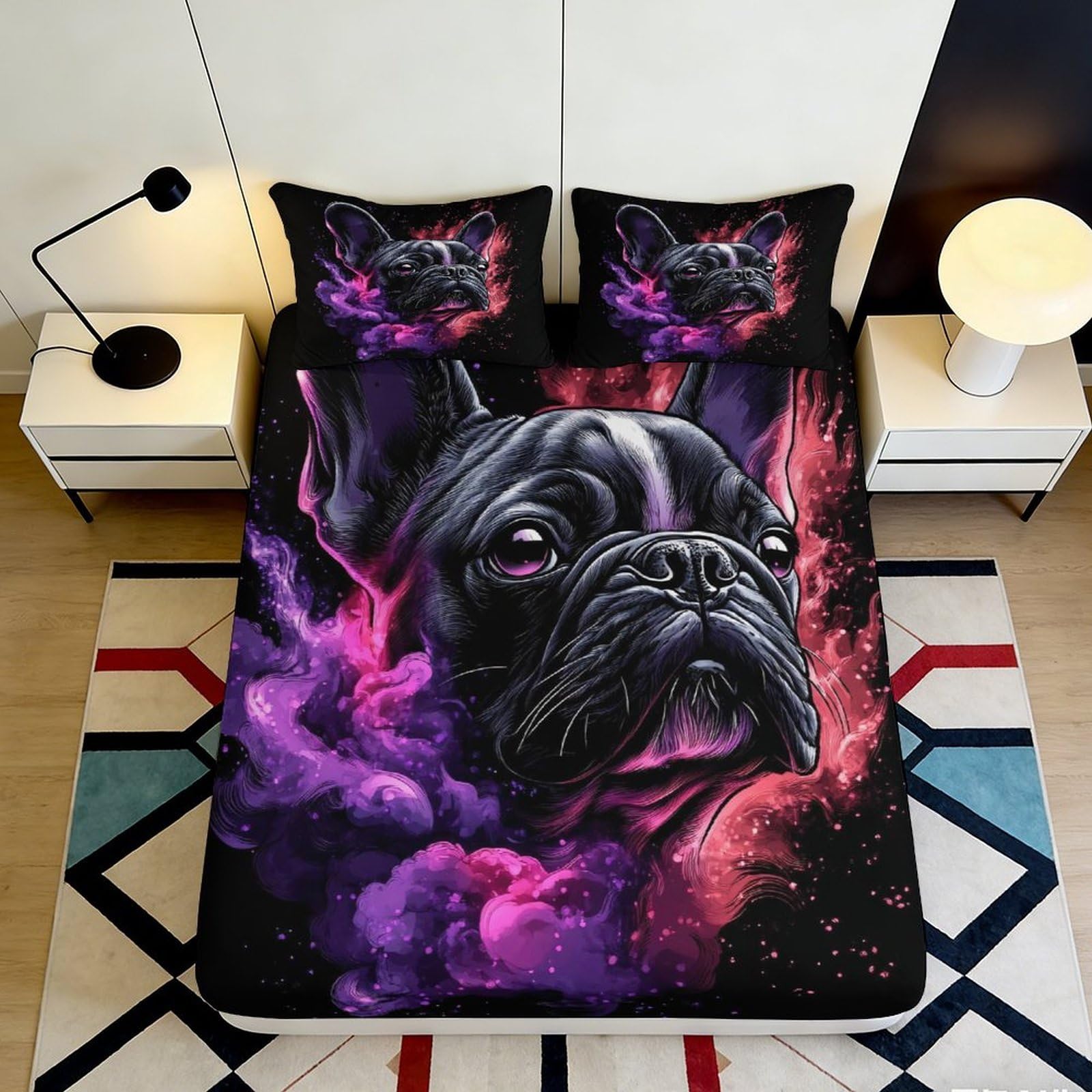 3D Printed French Bulldog Nebula Fitted Sheet Microfiber Non-Slip Mattress Cover for Bedroom Dorm Decor 120x200x25cm
