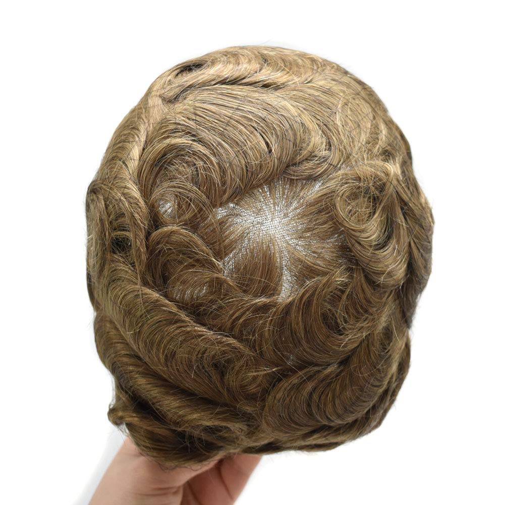 LYRICAL HAIR Toupee for Men Human Hairpiece Fine Mono Lace Hair System Durable PU Poly Skin Monofilament Wig Black Brown Replacement (8"x10", 20# - Light Ash Blonde)