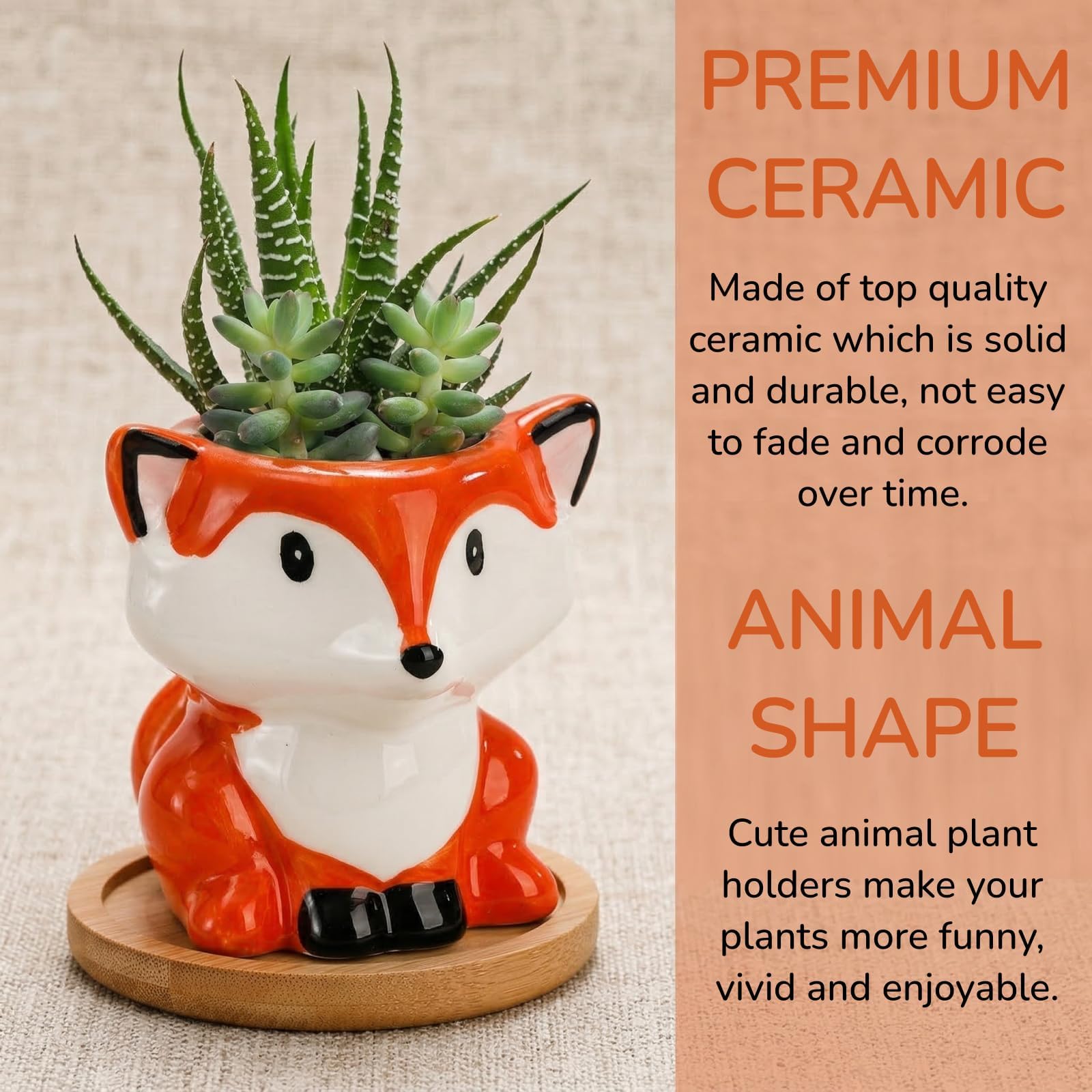 Pumtus 6 Stück Mini-Sukkulenten-Töpfe, kleiner Keramik-Blumentopf, niedlicher Tier-Pflanzenhalter mit Ablaufloch und Bambus-Tablett für Kaktus, Geschenke, Garten, Büro, Heimdekoration, 7,6 cm