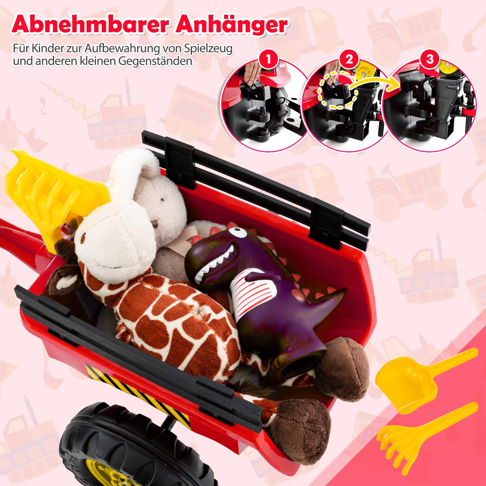 COSTWAY Trettraktor, Kinder Traktor mit Abnehmbarer Anhänger & Grabschaufel, Kindertraktor bis 35 kg belastbar, Sitzbagger für Kinder ab 3 Jahren (Rot)