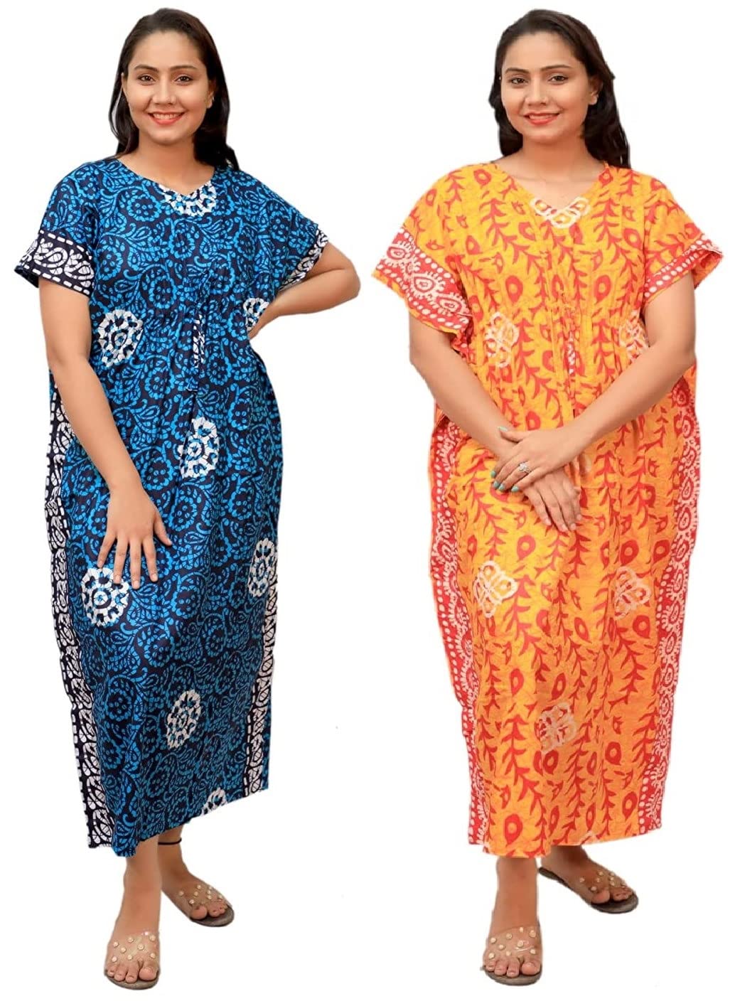 YOZLYWomen's Cotton Kaftan Maxi Nighty Night Dress Gown, Free Size Pack of 2, 09 Royal Blue & Saffron, Free Size