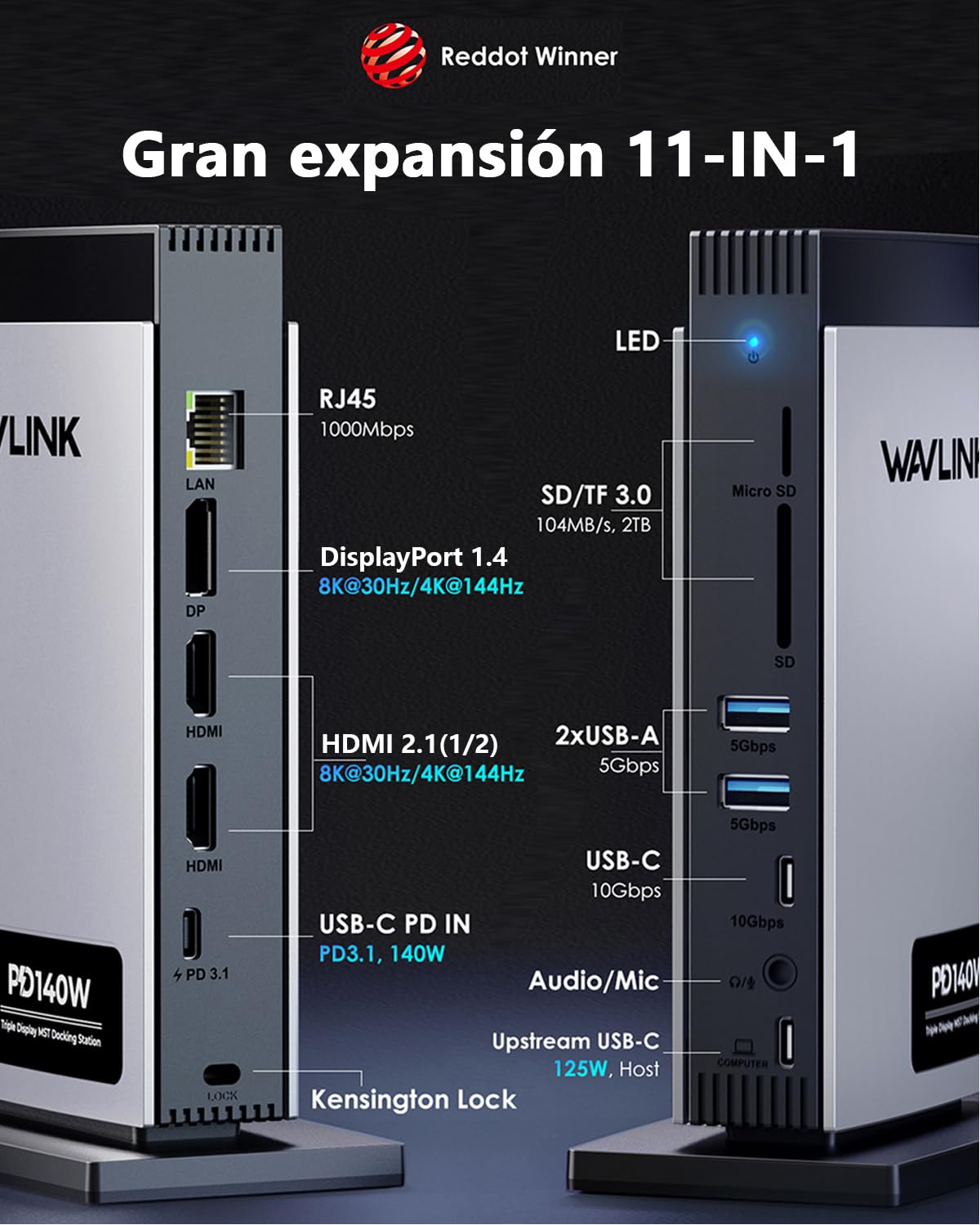 WAVLINK Docking Station Triple Pantalla (1 * 8K@30Hz/4K@144Hz) 2*HDMI, DP | USB C Dock 125W PD3.1 Pass-Through, Ethernet, SD/TF, para Windows