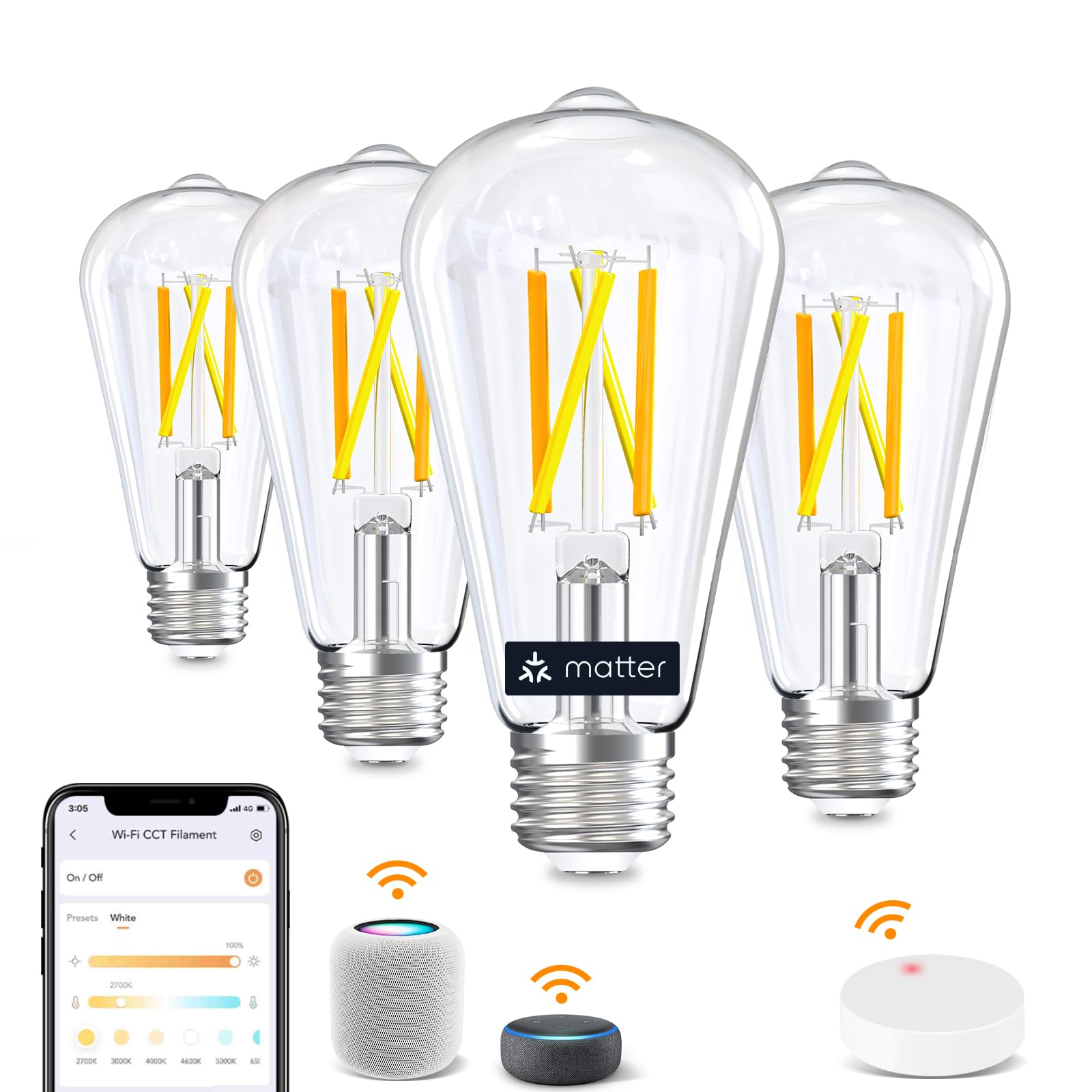 OREiN Matter Smart Edison Light Bulbs with Smart Button, ST58 Vintage Light Bulbs E26 Base, 800lm 2700K-6500K Smart Filament Bulb That Work with Alexa AppleHome GoogleHome SmartThings 4Pack