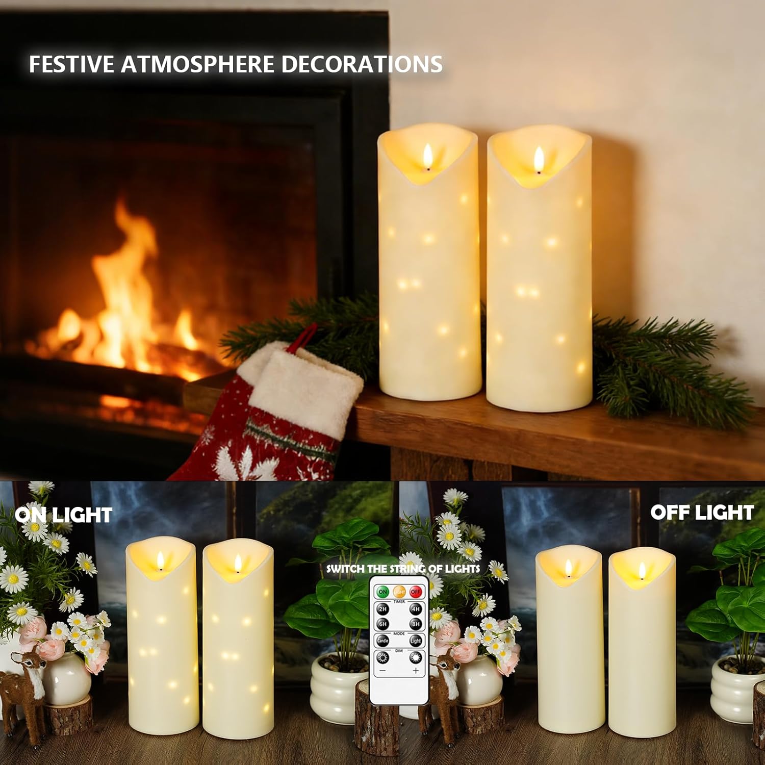 4" x10" Outdoor Flameless Candles Waterproof, Battery Operated LED Candles with Remote Control and Timer，Internal string lights，Ivory , Set of 2，Suitable for home decoration and holiday decoration