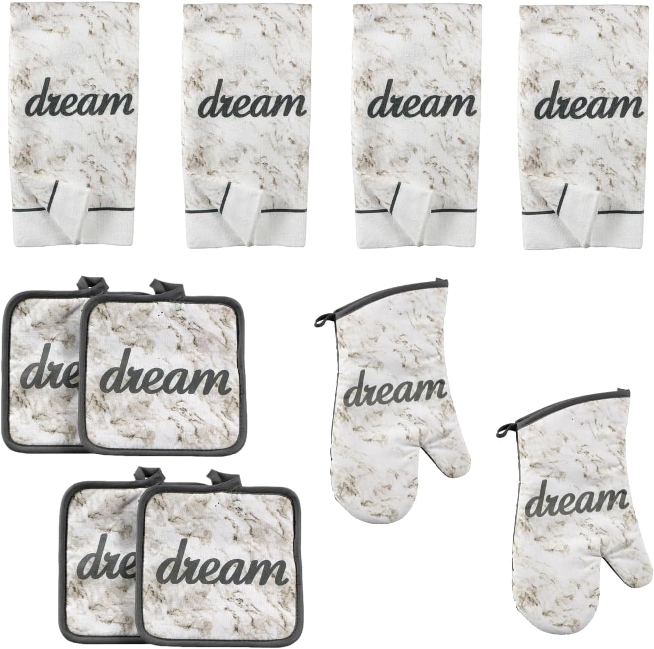 Charmed By Dragons Dream Kitchen Towel Set with Pot Holders and Oven Mitts Kitchen Linnen Set Modern Farmhouse Decor 10 Piece Set, Whte, Gray