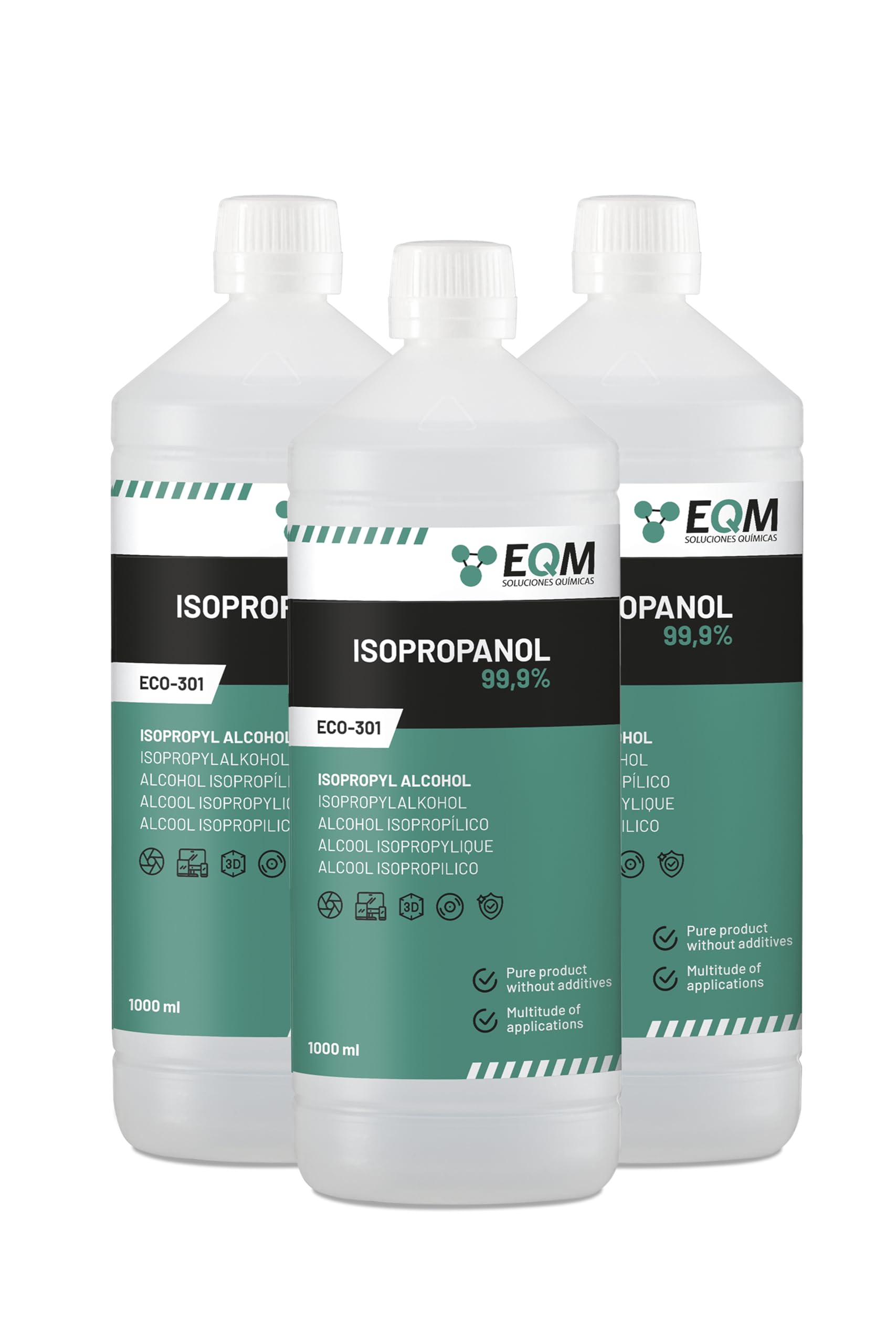 EQM - ECO-301 - Isopropanol - Isopropylalkohol 99.9% - 3x1 L - Reinigung von elektronischen Bauteilen, Linsen und Bildschirmen - Reinigung von Harzen im 3D-Druck